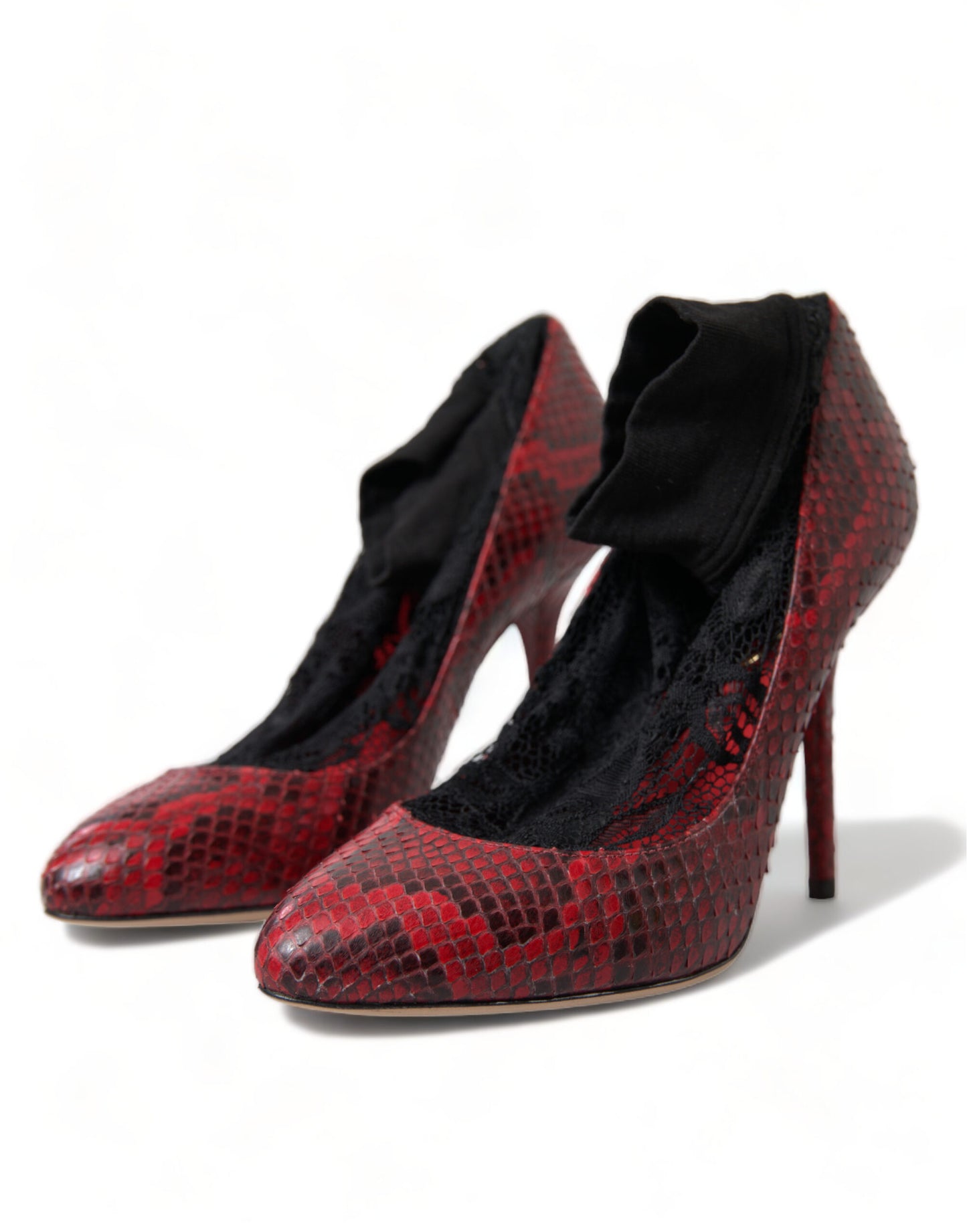 Dolce &amp; Gabbana Red Snakeskin Almond Toe Pumps with Lace Stockings