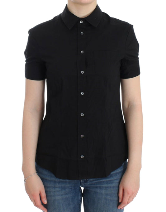 John Galliano Elegant black cotton stretch short sleeve blouse