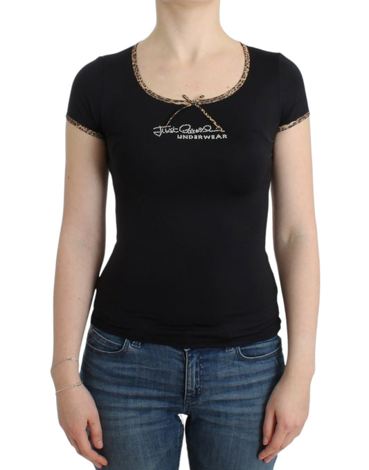 Cavalli Chic black top with round neck and leopard details