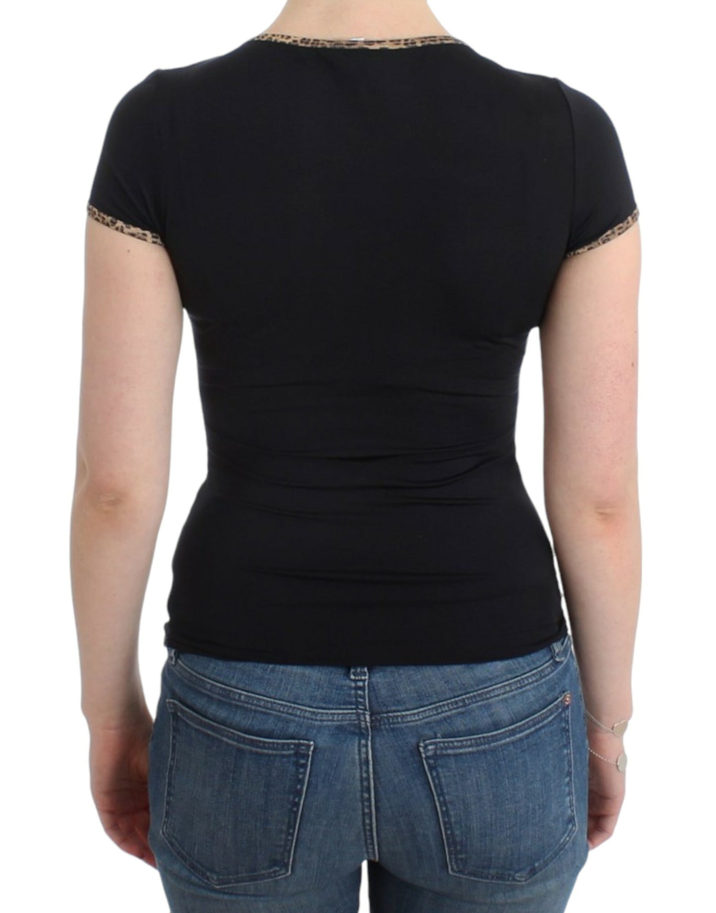 Cavalli Chic black top with round neck and leopard details