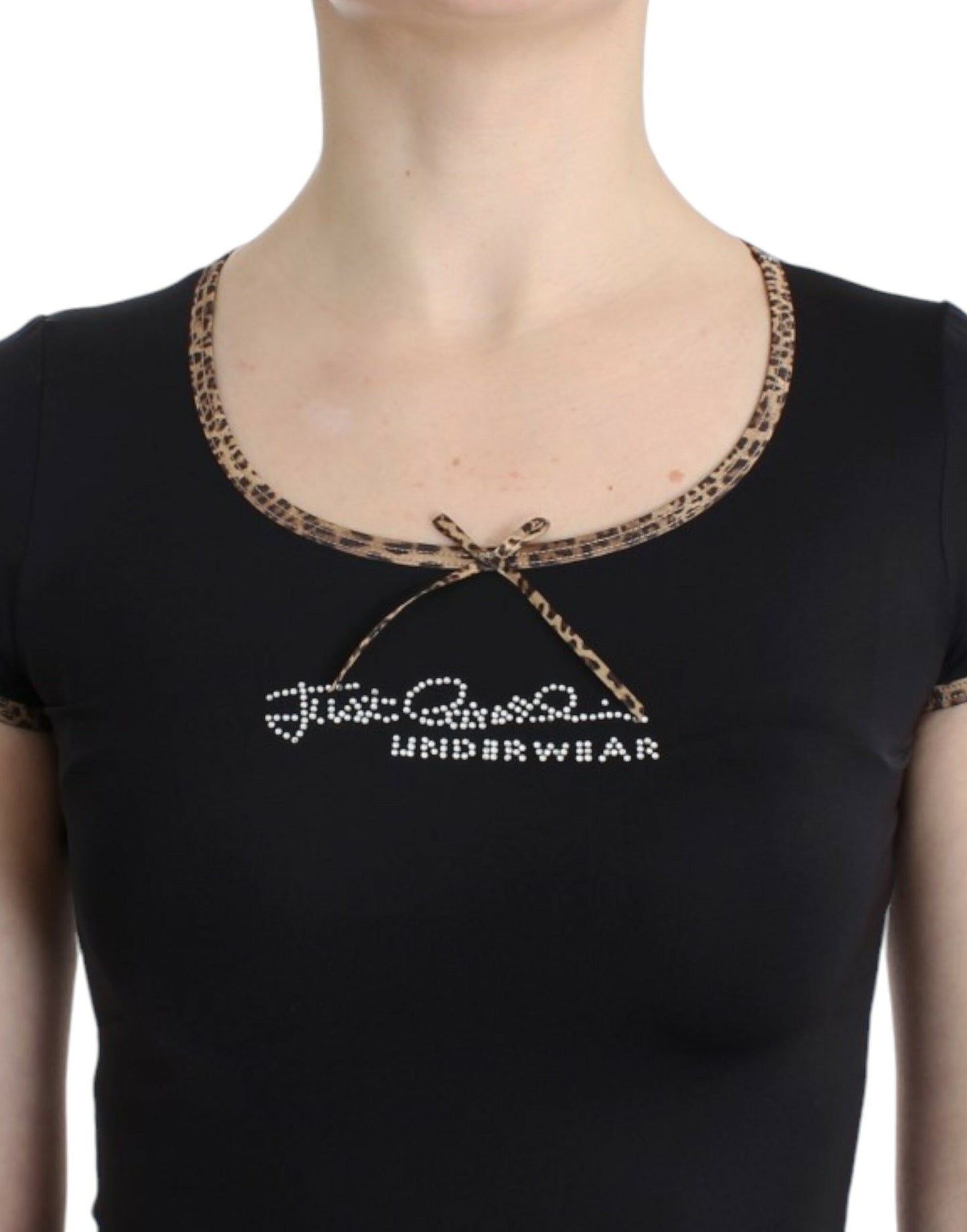 Cavalli Chic black top with round neck and leopard details