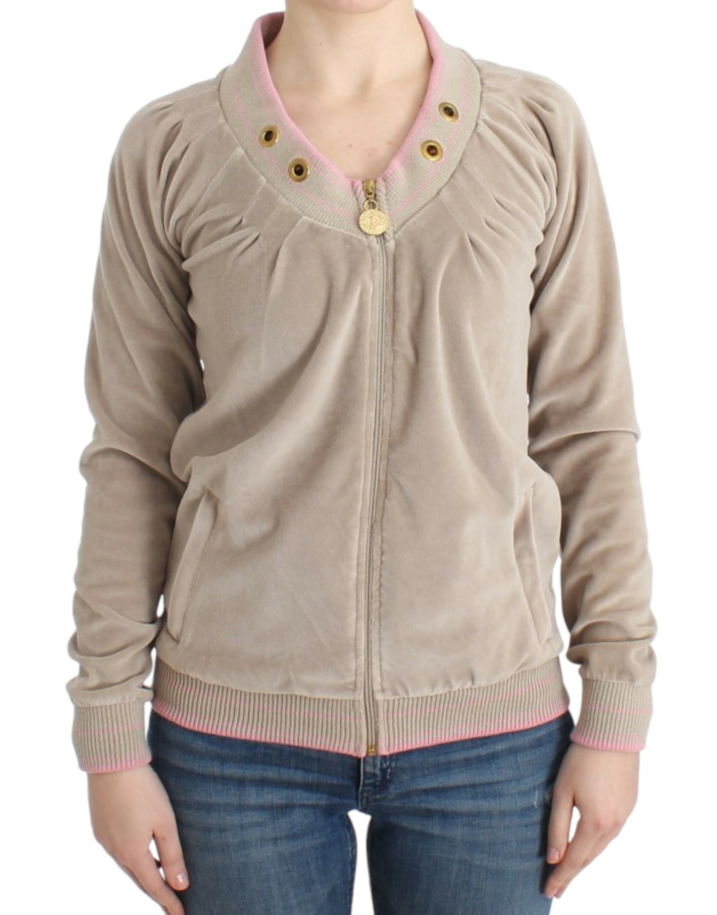 Cavalli beige cardigan with zip and gold accents