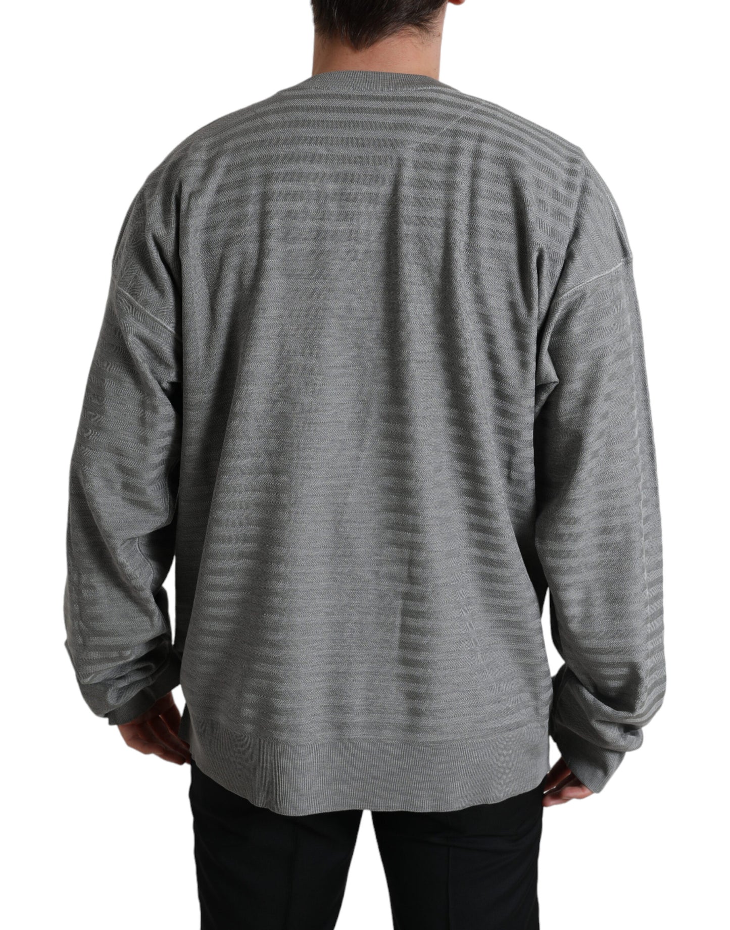 Dolce &amp; Gabbana Elegant grey striped silk round neck sweater