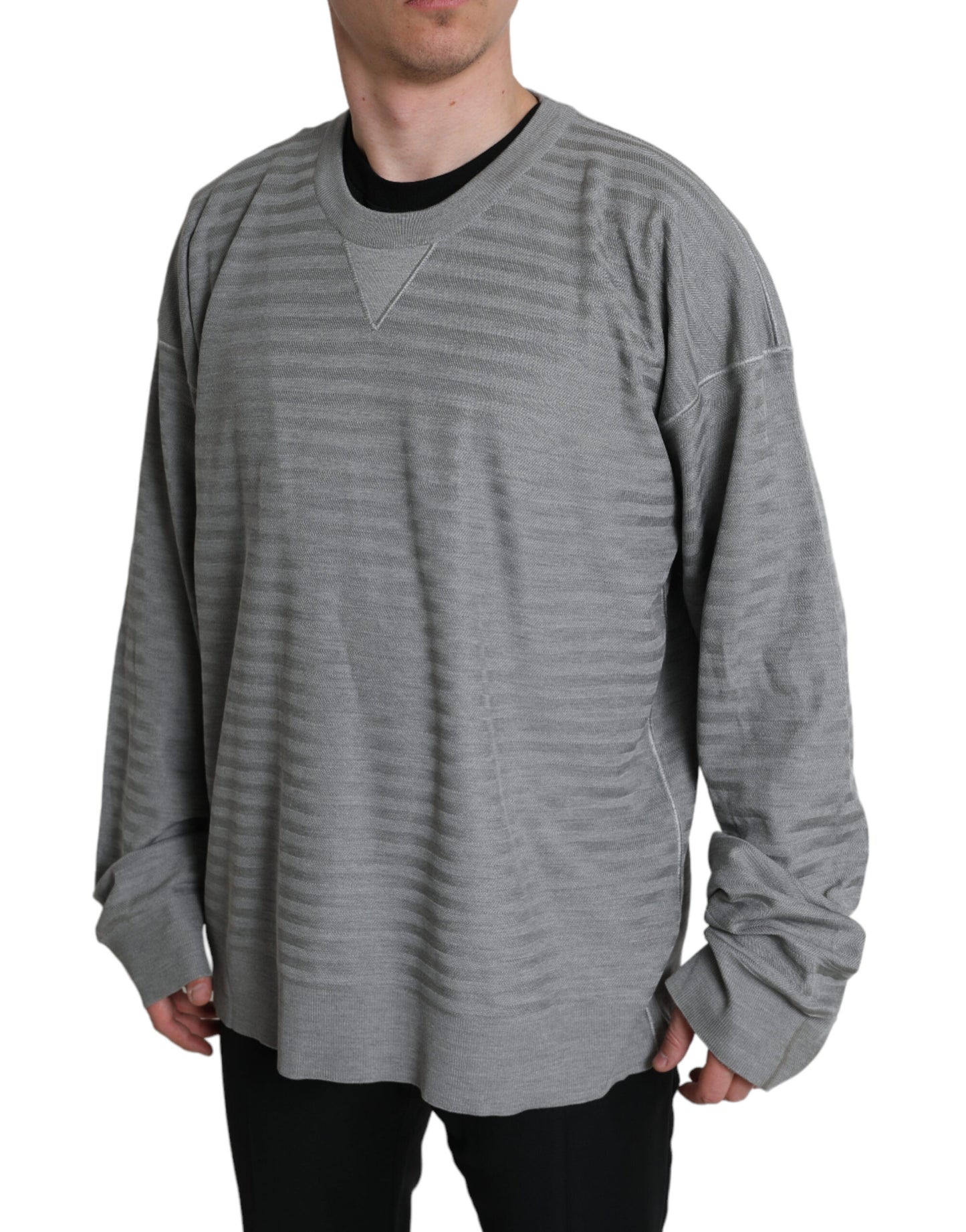 Dolce &amp; Gabbana Elegant grey striped silk round neck sweater