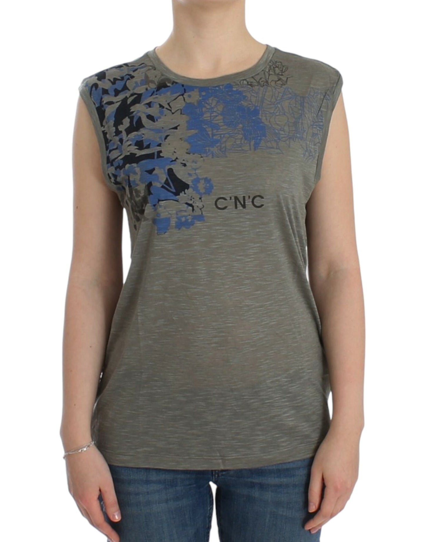 Costume National Chic sleeveless grey top with blue trim