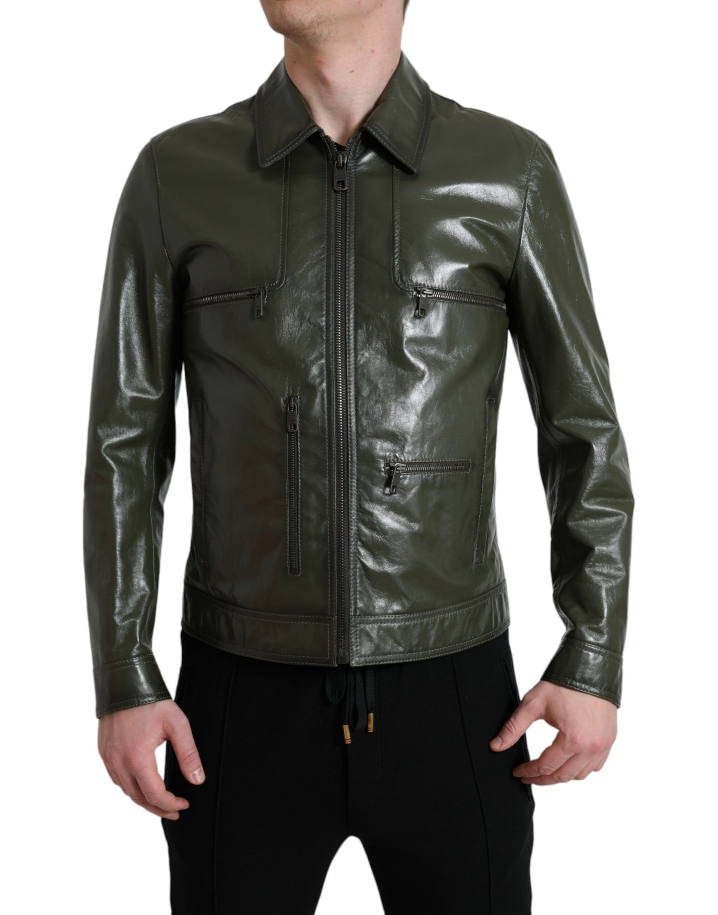 Dolce &amp; Gabbana Emerald Green Elegance Leather Biker Jacket