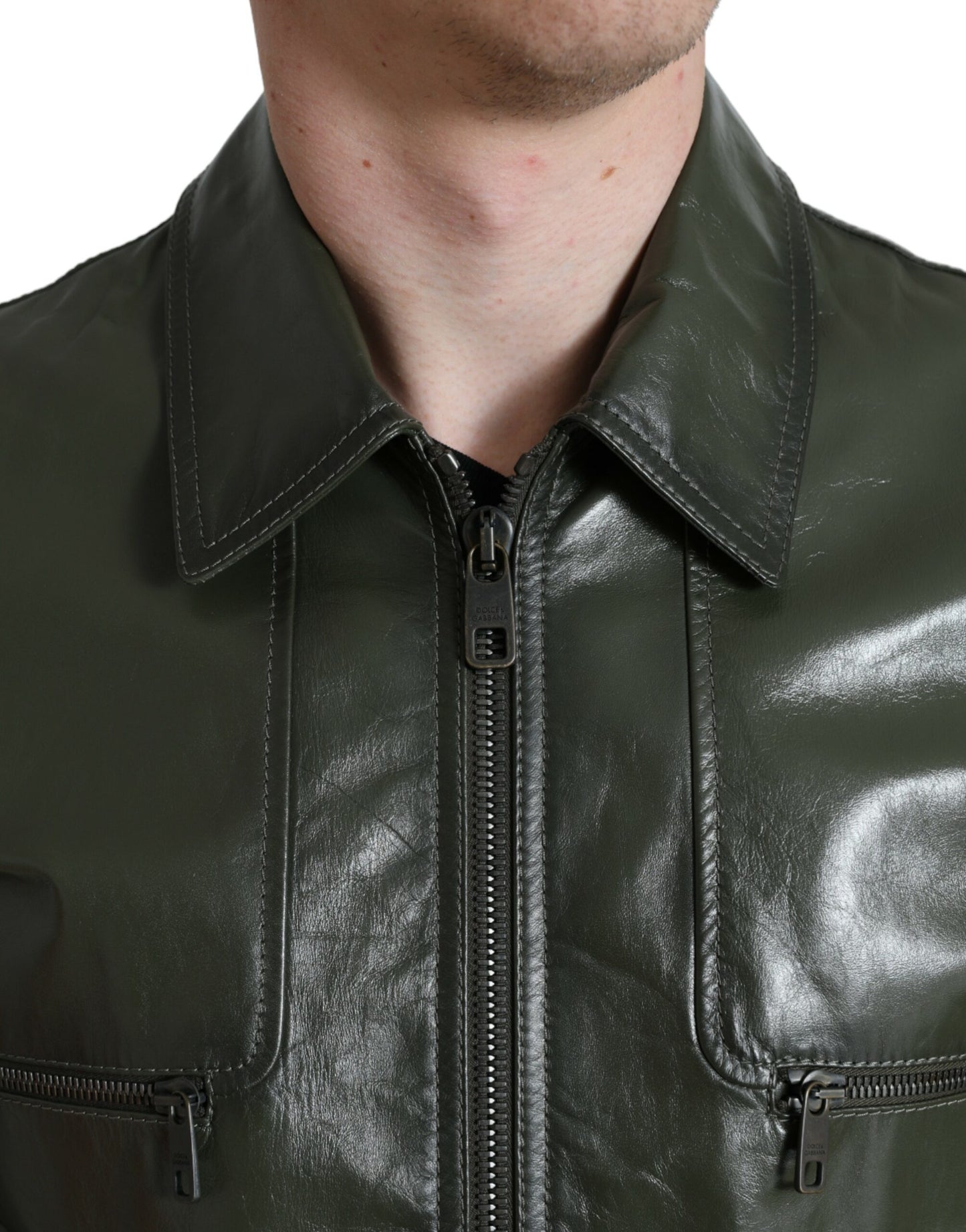 Dolce &amp; Gabbana Emerald Green Elegance Leather Biker Jacket