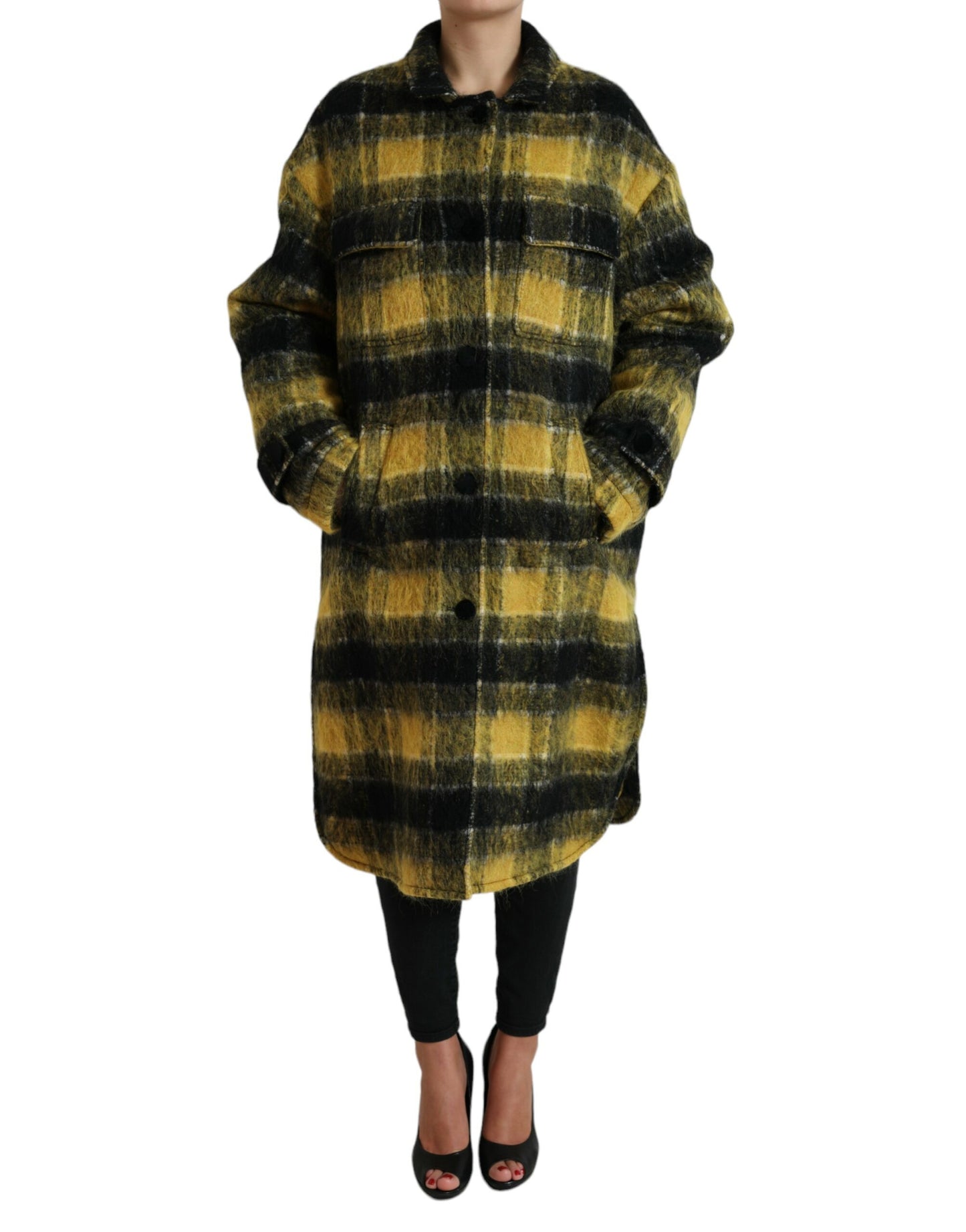 Dolce &amp; Gabbana Chic Checked Long Coat in Sunshine Yellow