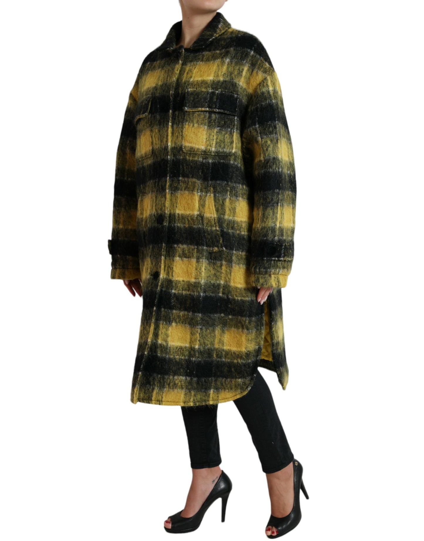 Dolce &amp; Gabbana Chic Checked Long Coat in Sunshine Yellow