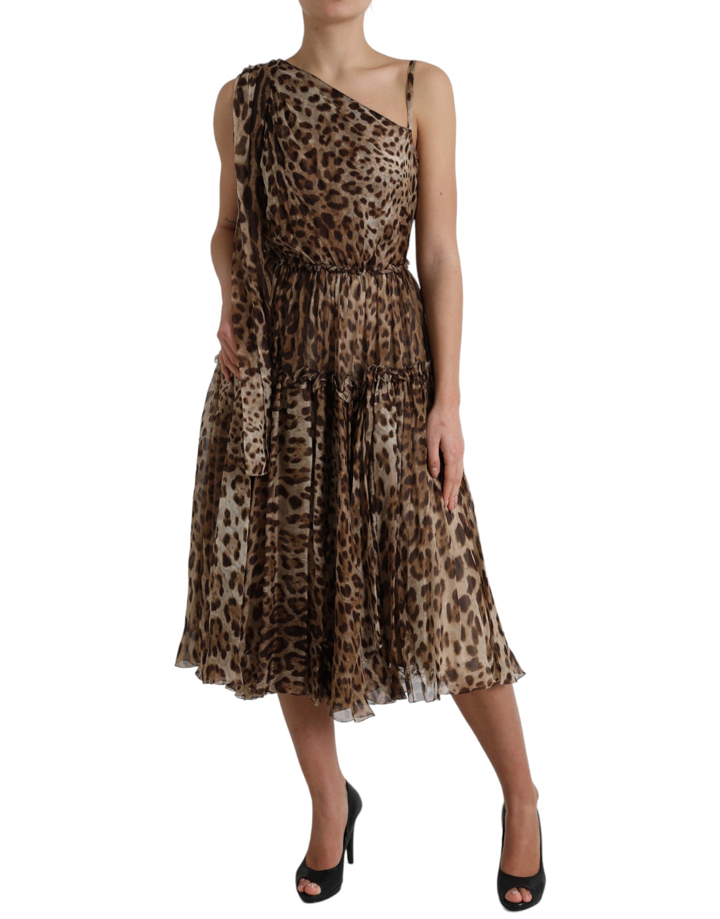 Dolce & Gabbana Elegantes One-Shoulder Leopard Midikleid