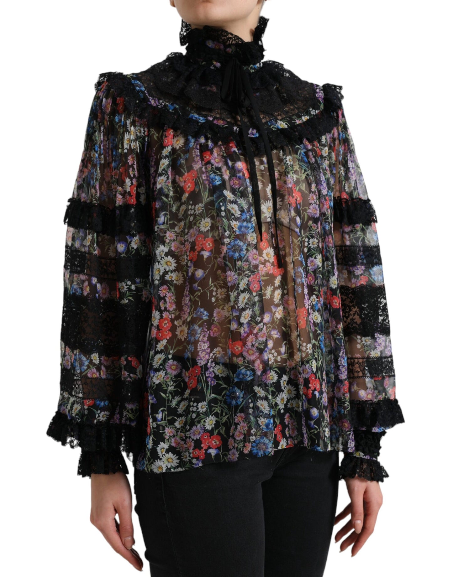 Dolce &amp; Gabbana Elegant floral silk blouse with lace trim