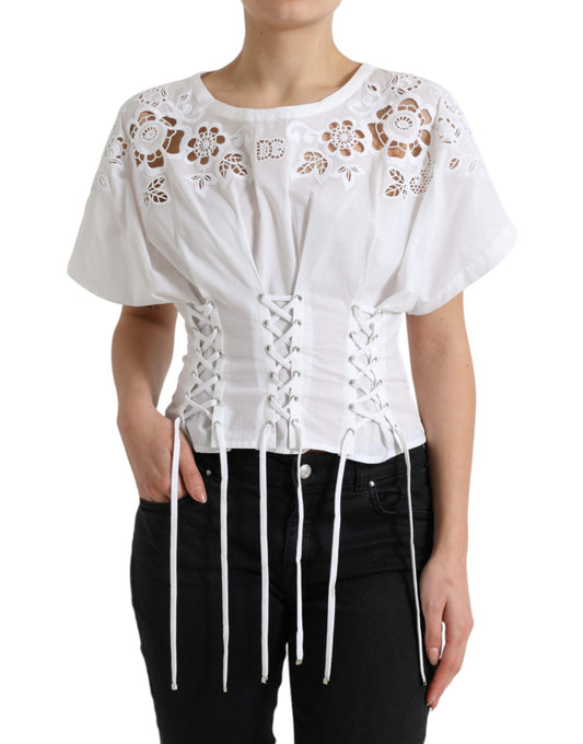 Dolce &amp; Gabbana Elegant white blouse with floral pattern to lace up