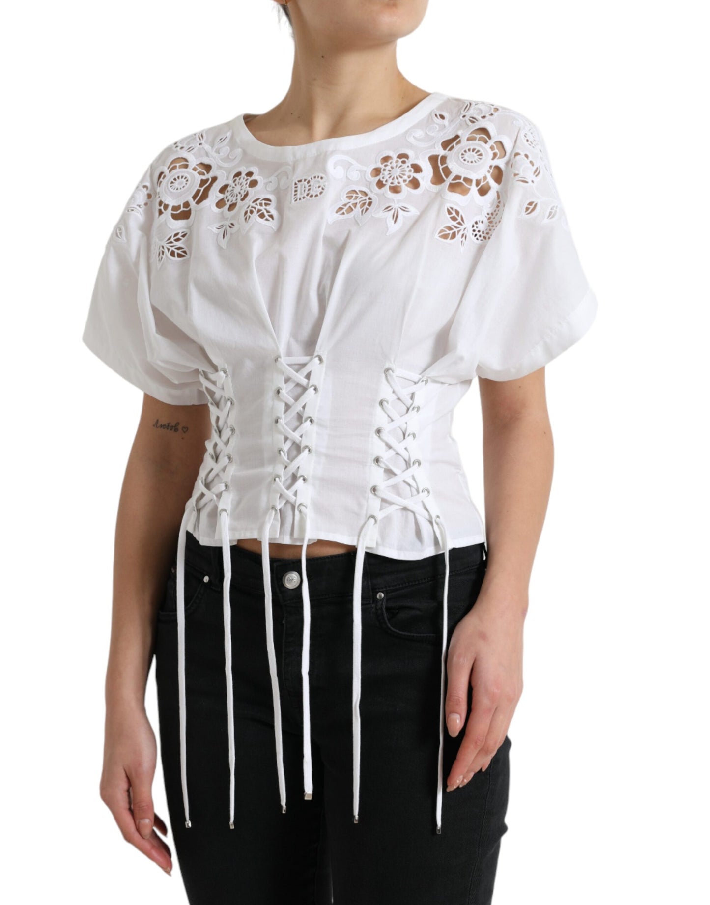 Dolce &amp; Gabbana Elegant white blouse with floral pattern to lace up