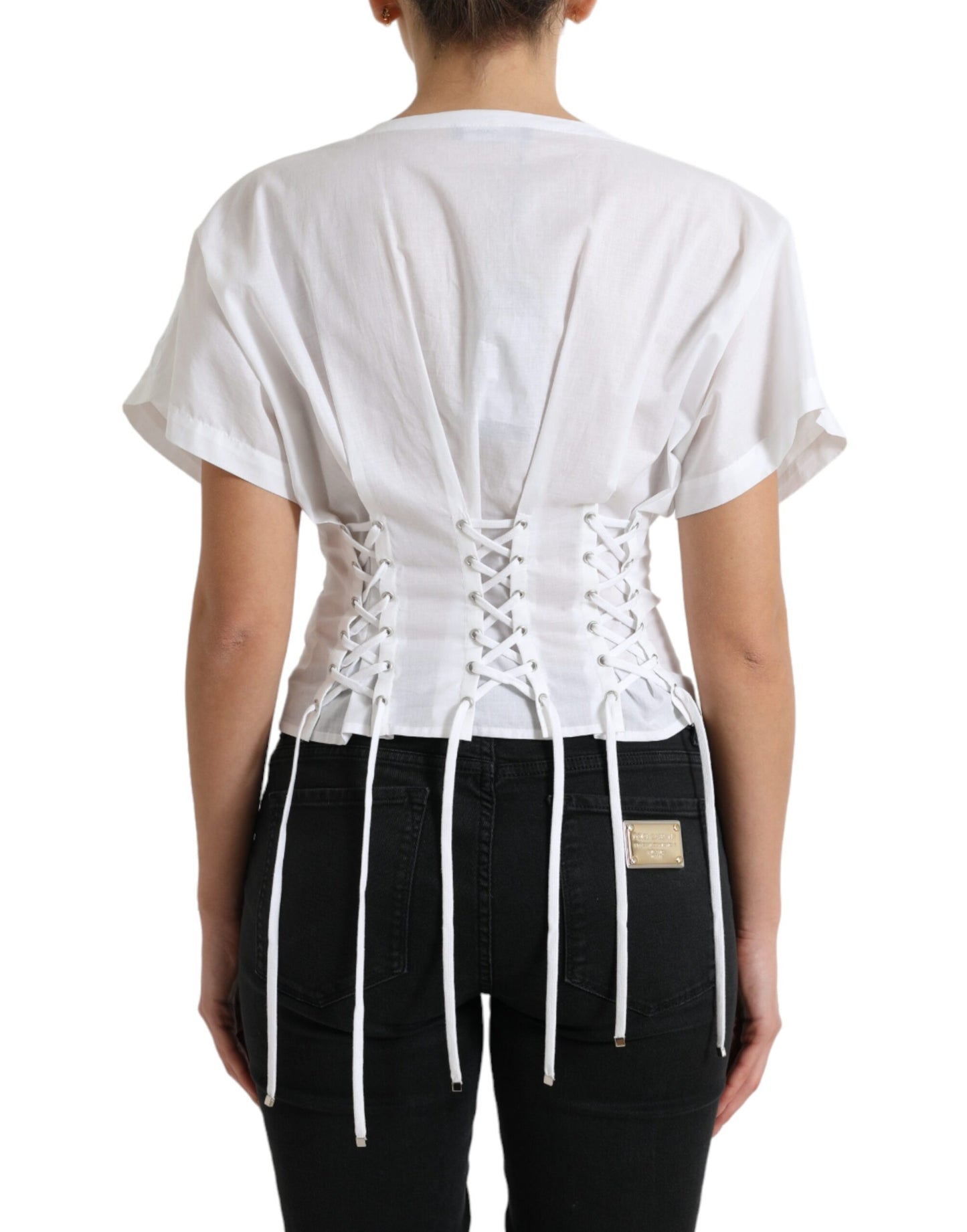 Dolce &amp; Gabbana Elegant white blouse with floral pattern to lace up