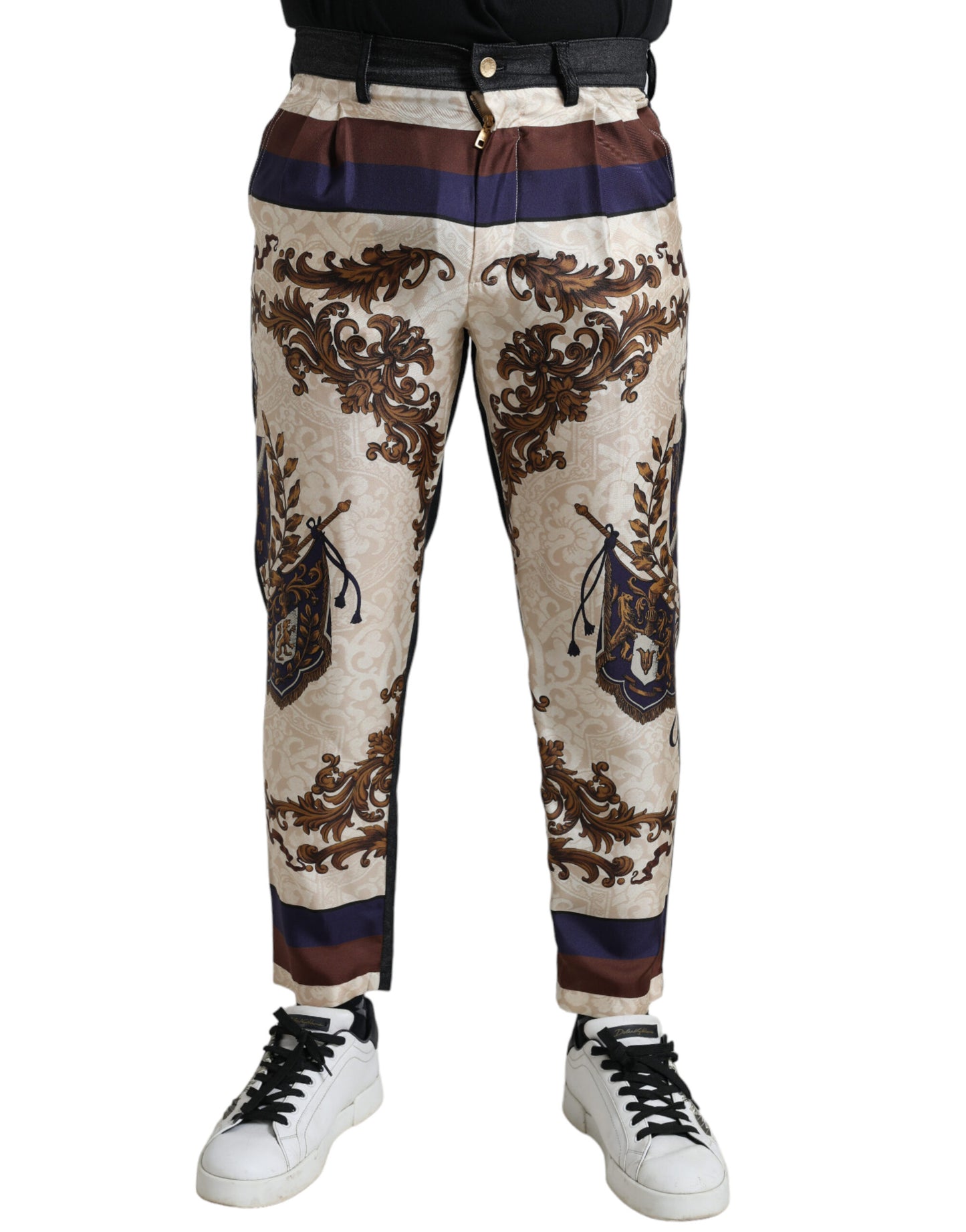 Dolce &amp; Gabbana Elegant skinny trousers made of silk with coat of arms print