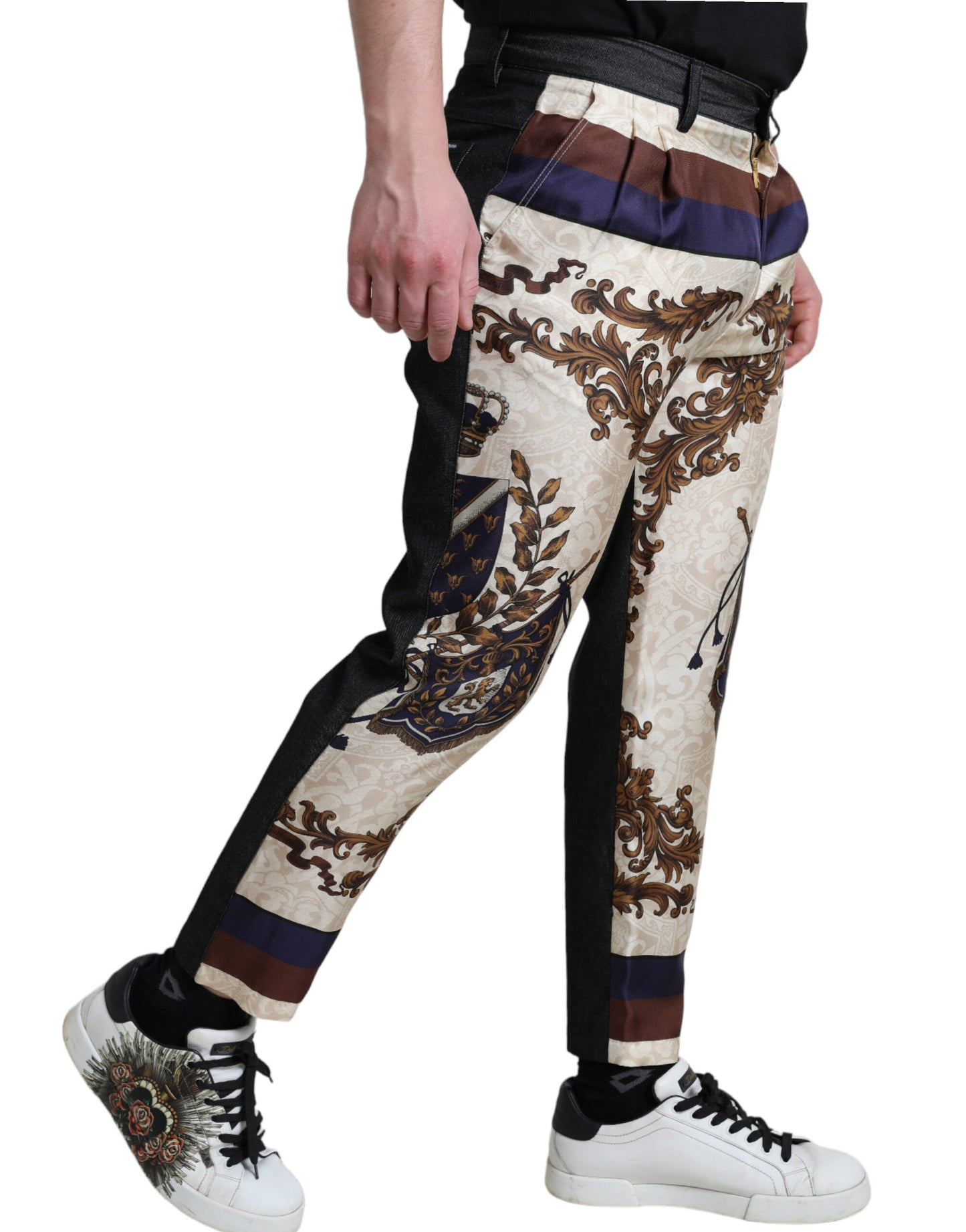 Dolce &amp; Gabbana Elegant skinny trousers made of silk with coat of arms print