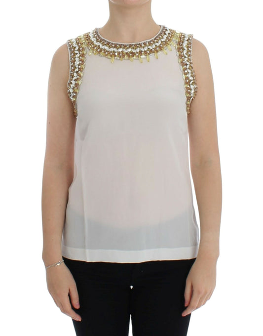 Dolce &amp; Gabbana Elegant sleeveless silk blouse with crystal embellishment