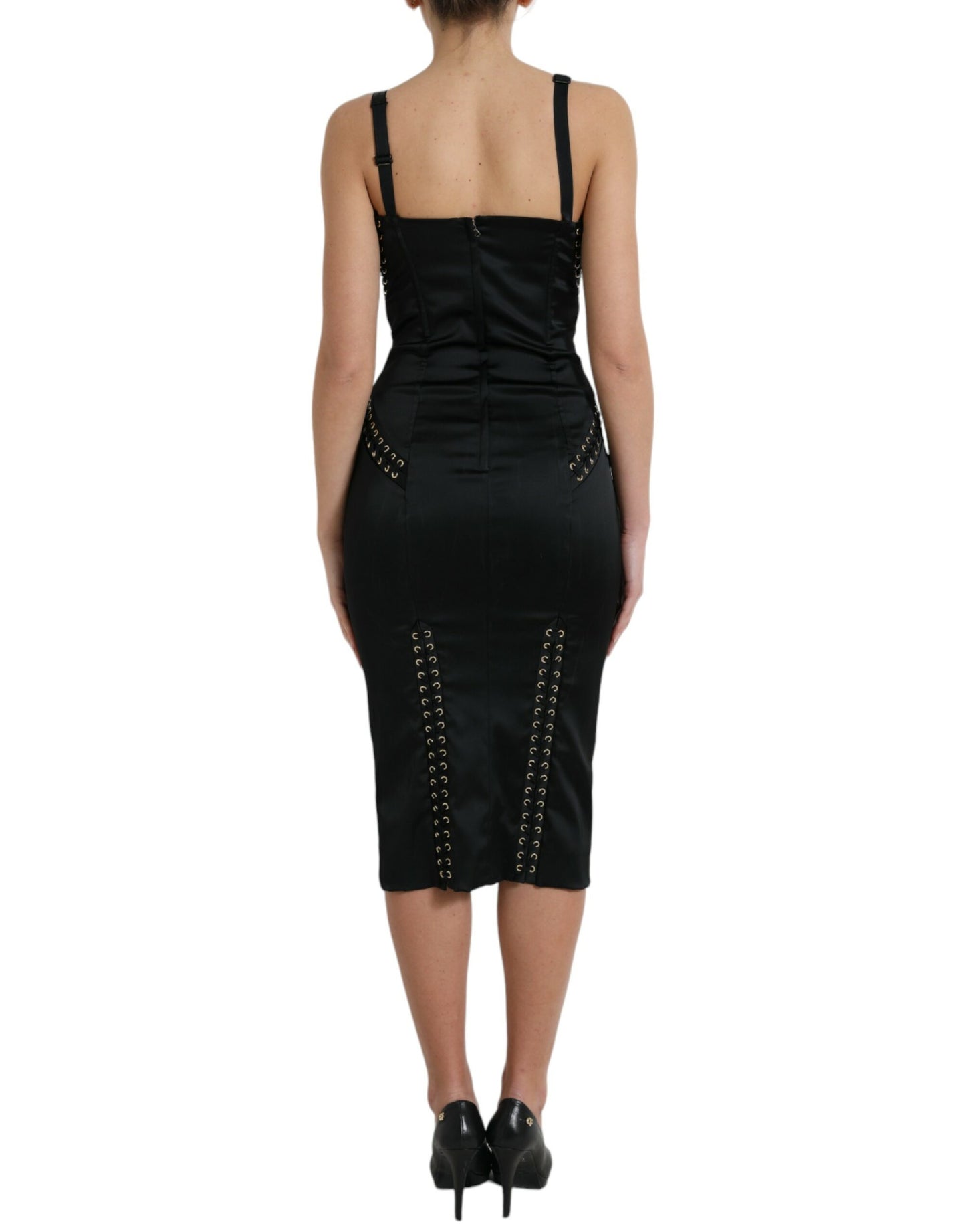 Dolce & Gabbana Elegantes schwarzes Midi-Bodycon-Kleid mit Schnürung