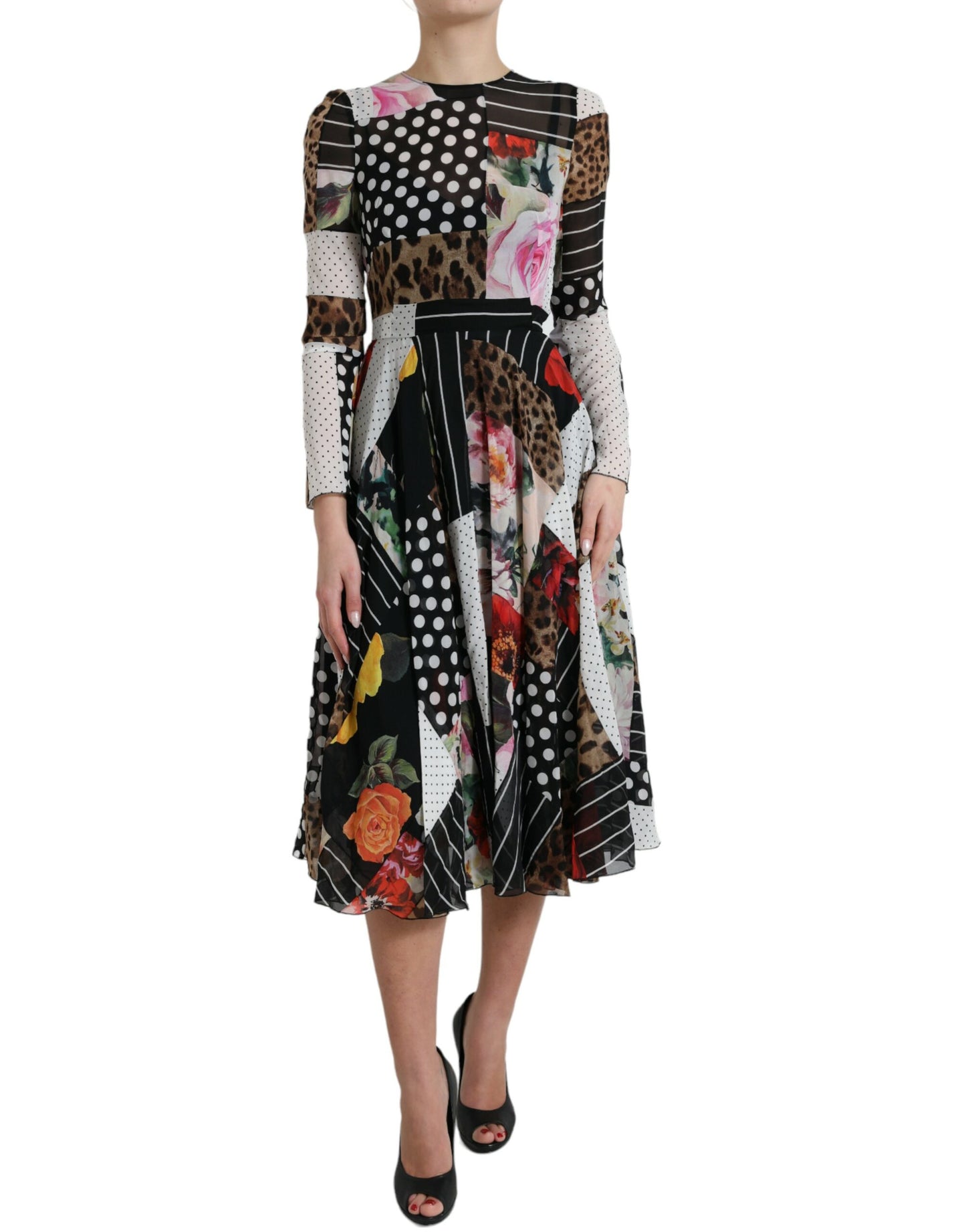 Dolce & Gabbana Elegantes Midi-Kleid in A-Linie aus Patchwork-Seide