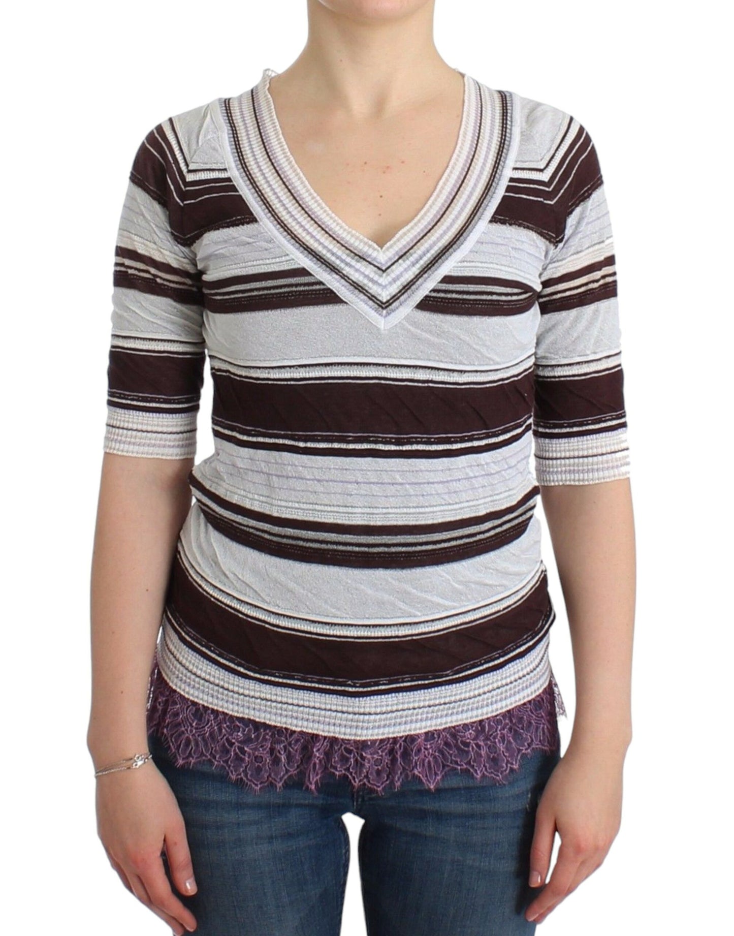 Ermanno Scervino Striped knit top with V-neck and lace hem