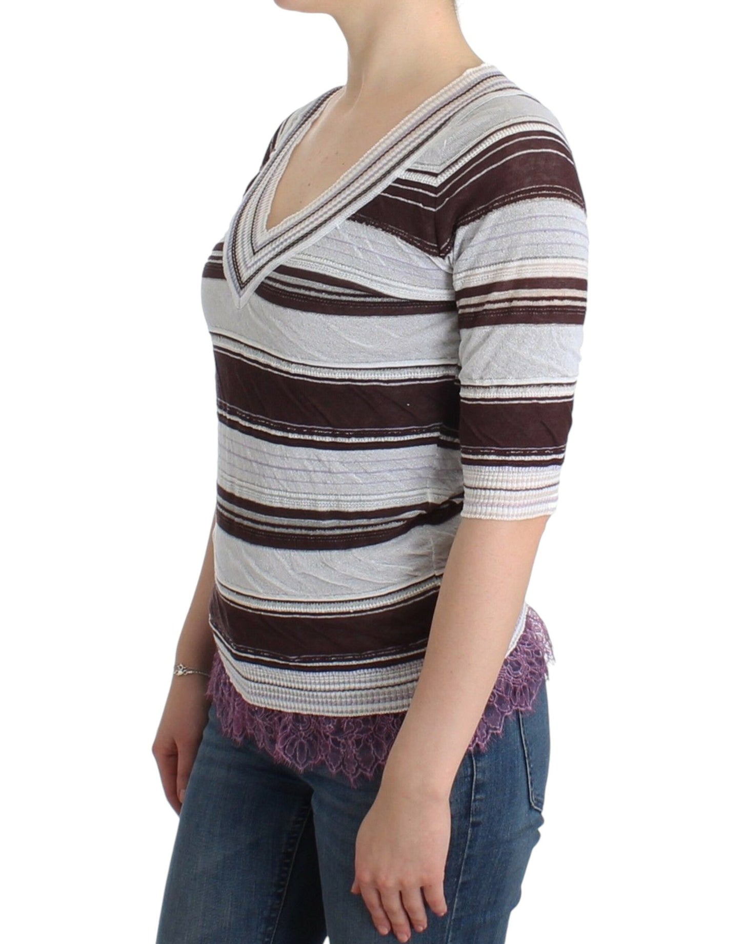 Ermanno Scervino Striped knit top with V-neck and lace hem