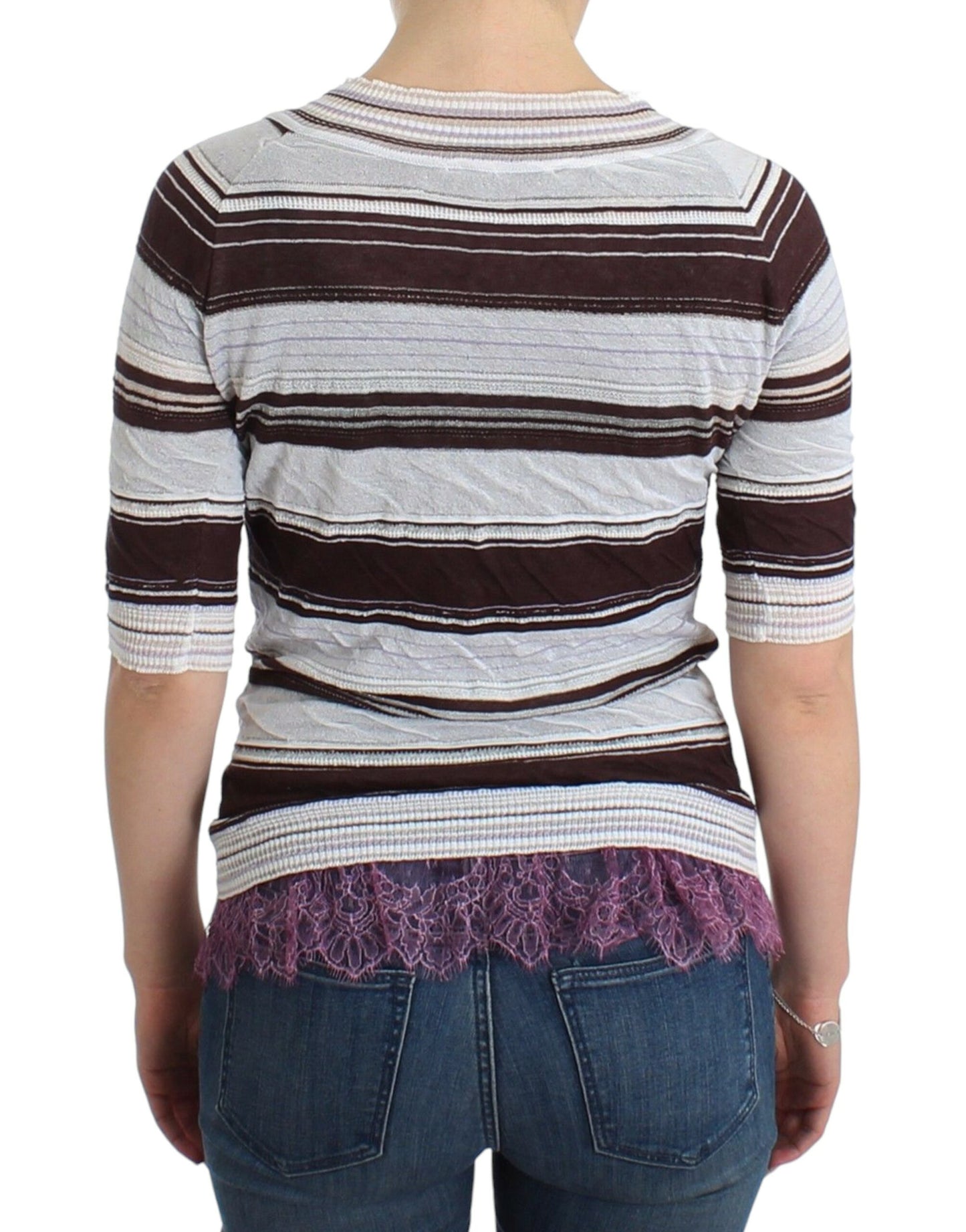 Ermanno Scervino Striped knit top with V-neck and lace hem