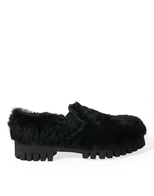 Dolce &amp; Gabbana Elegant Black Fur Slippers for Men