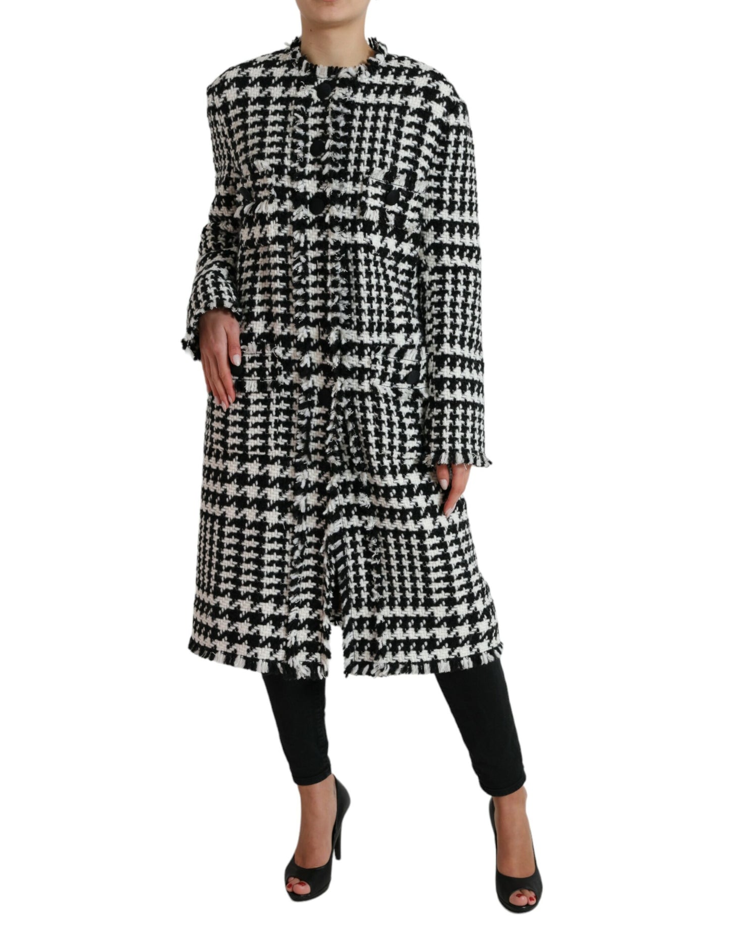 Dolce &amp; Gabbana Elegant long trench coat with houndstooth pattern