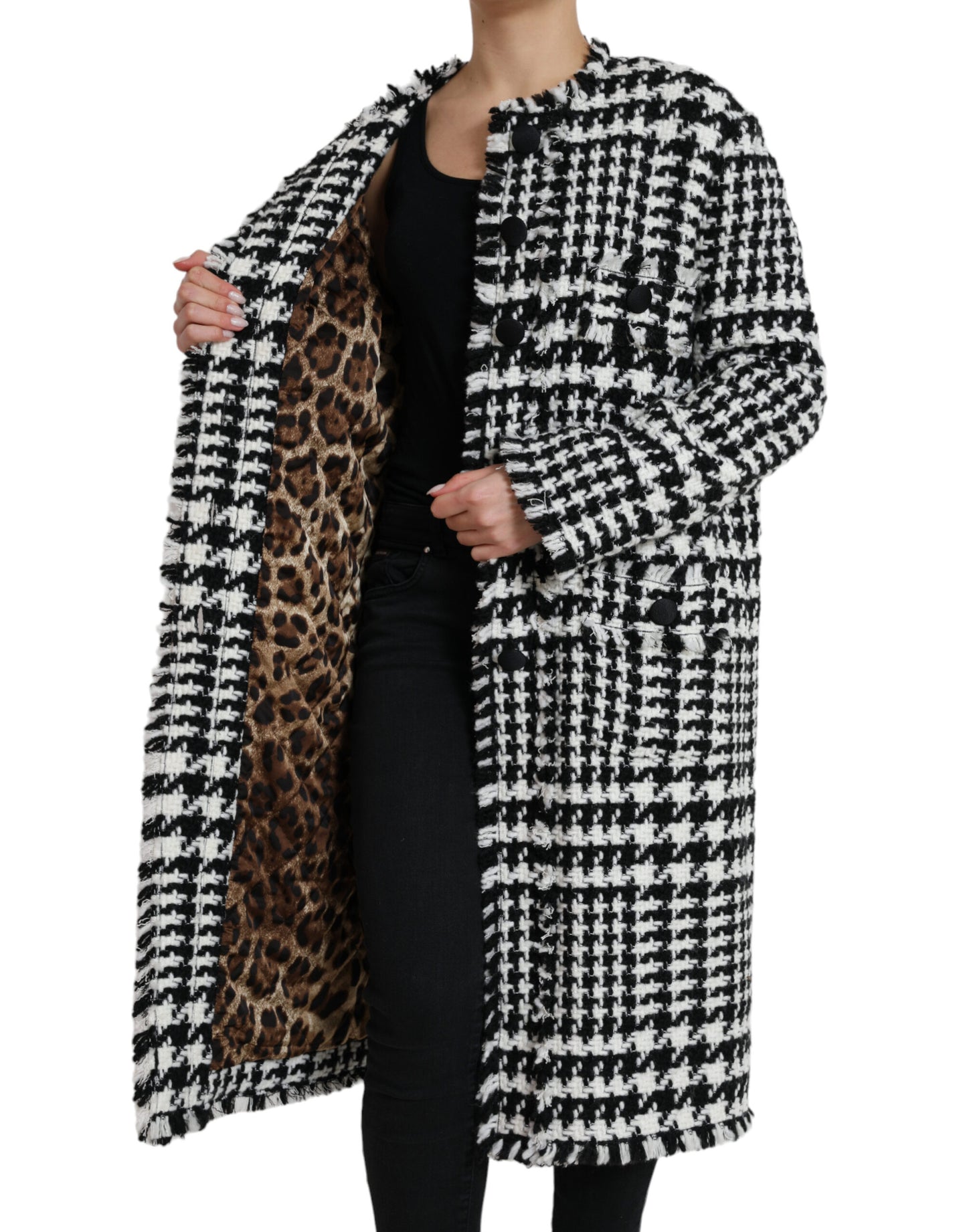 Dolce &amp; Gabbana Elegant long trench coat with houndstooth pattern