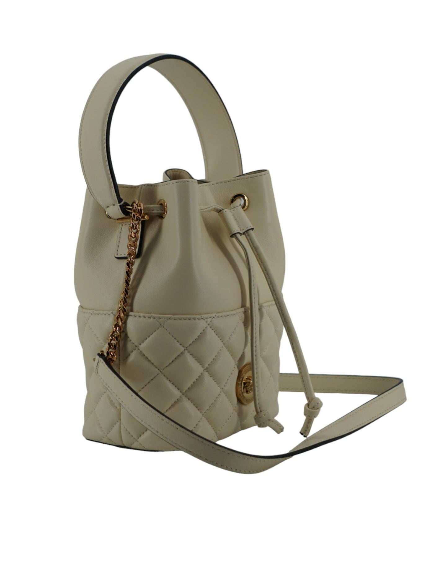 Versace Elegant small bucket shoulder bag in white leather