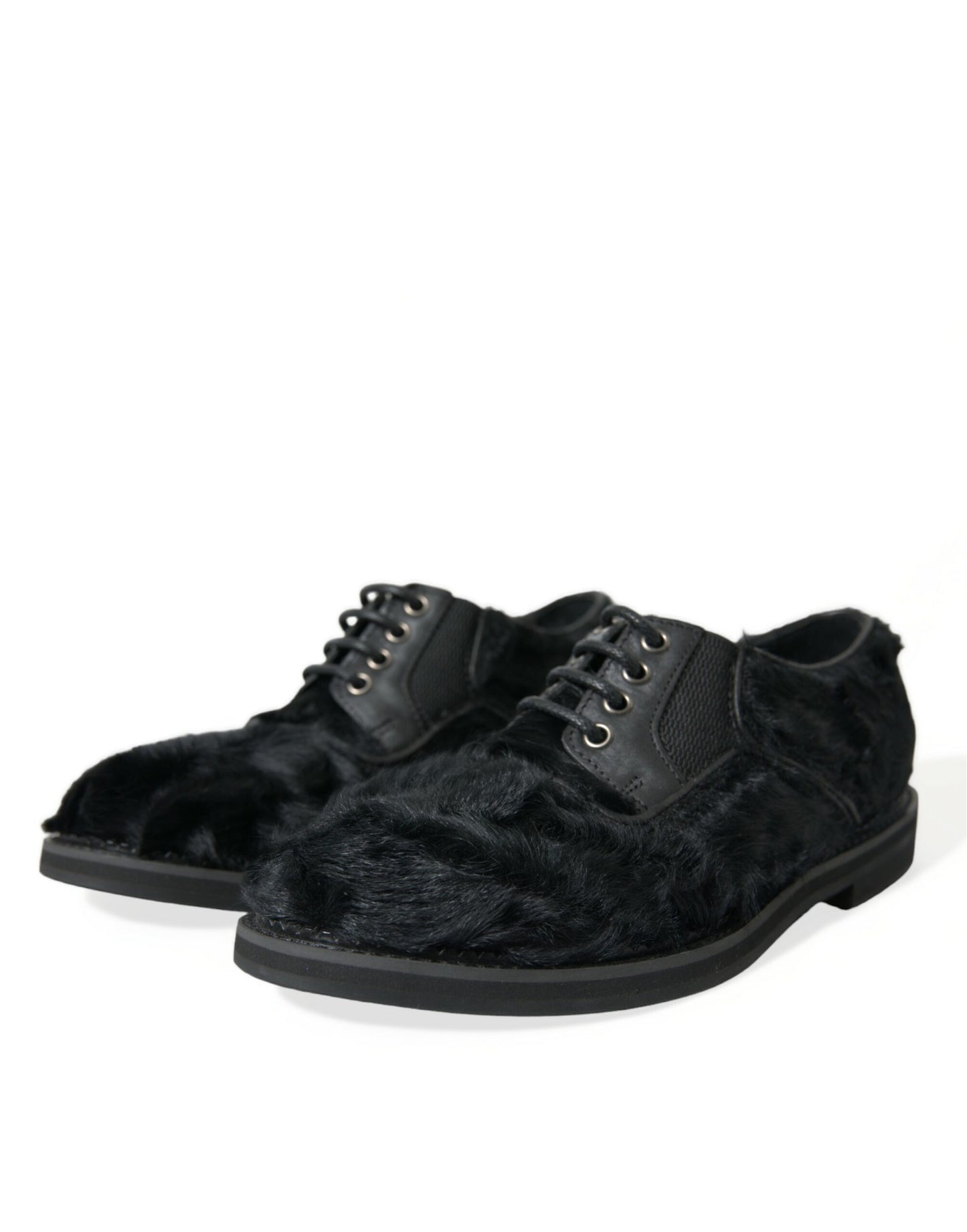 Dolce &amp; Gabbana Elegant Black Fur Derby Dress Shoes for Men