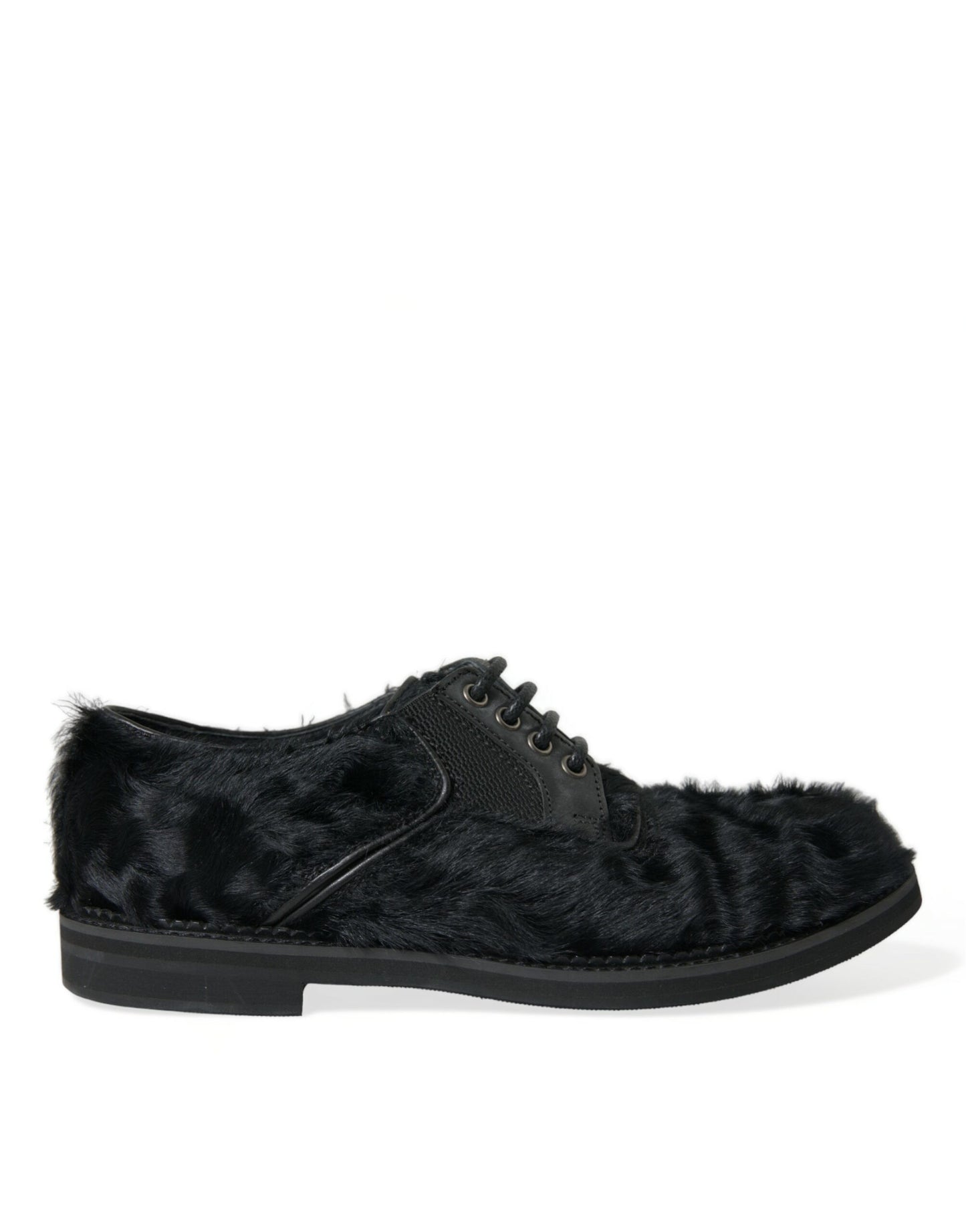 Dolce &amp; Gabbana Elegant Black Fur Derby Dress Shoes for Men