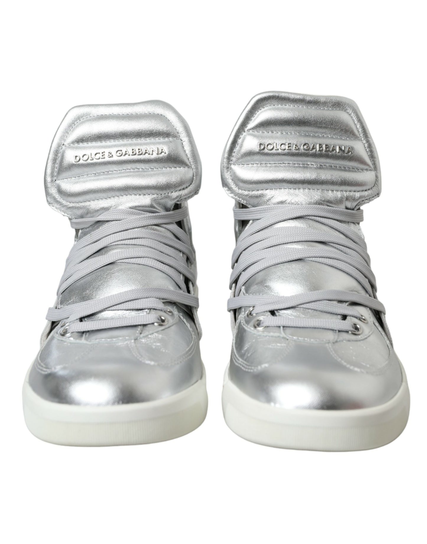 Dolce &amp; Gabbana Silver Leather High-Top Sneakers