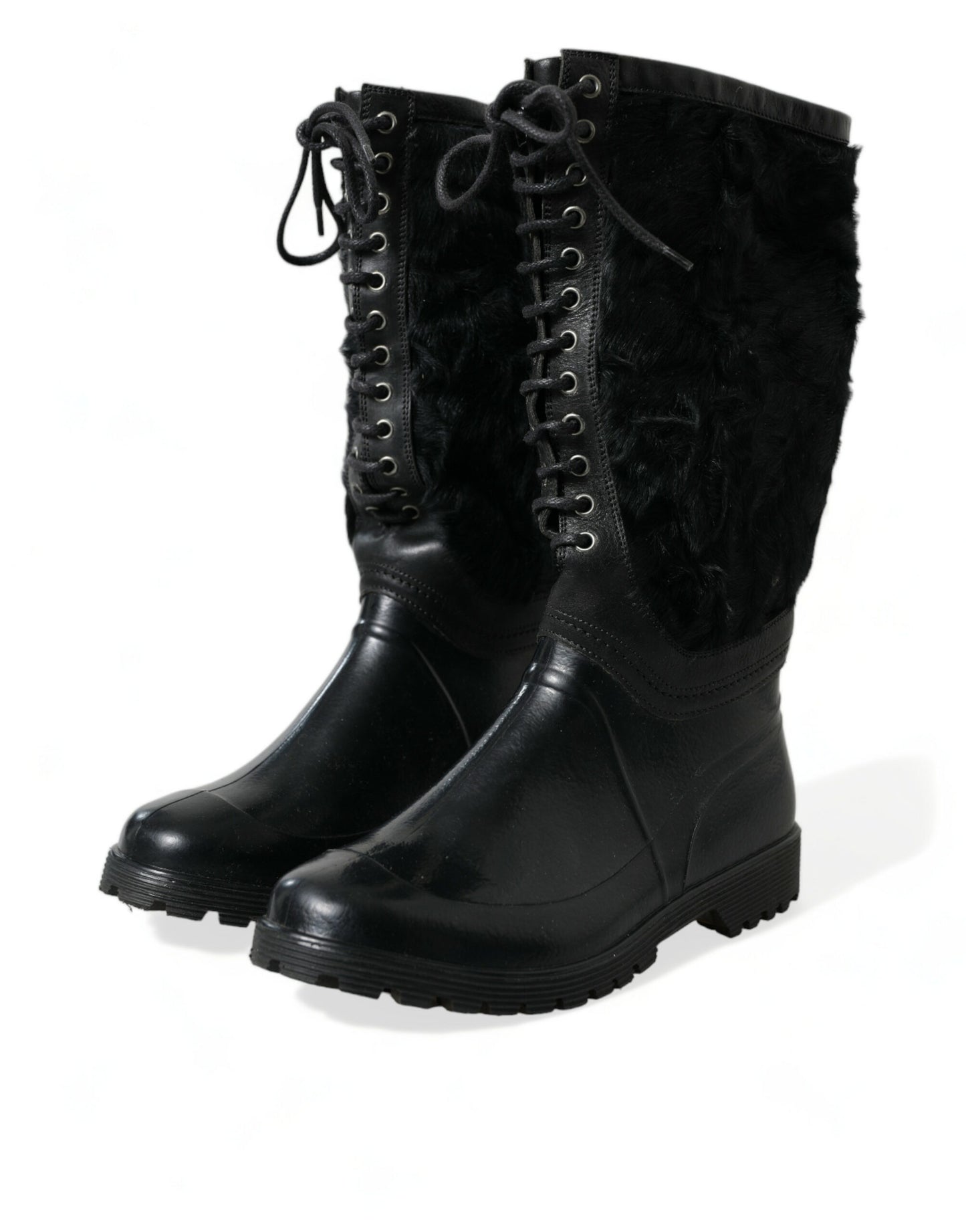 Dolce &amp; Gabbana Smooth Black Shearling Mid Calf Boots