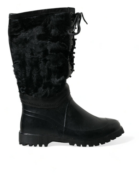 Dolce &amp; Gabbana Smooth Black Shearling Mid Calf Boots