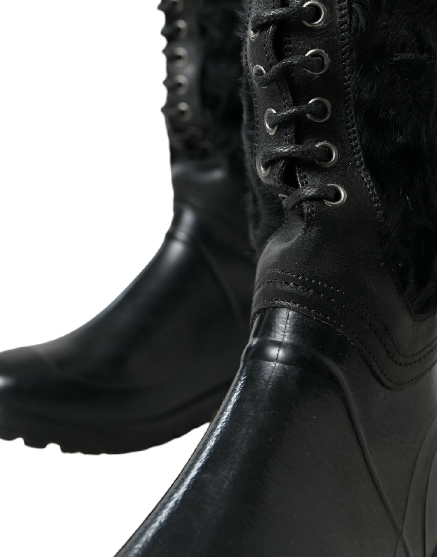 Dolce &amp; Gabbana Smooth Black Shearling Mid Calf Boots