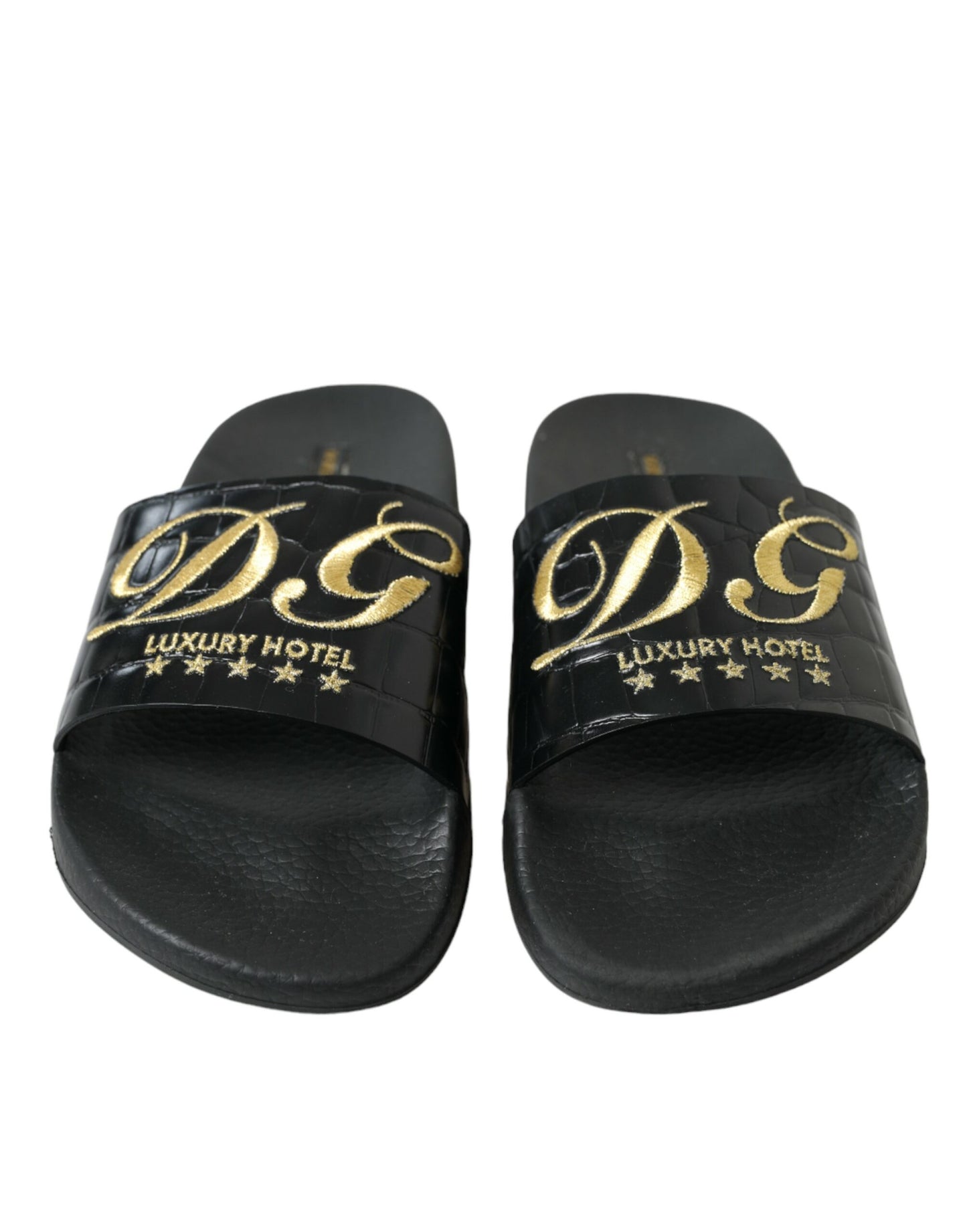 Dolce &amp; Gabbana Elegant Leather Slides in Black and Gold