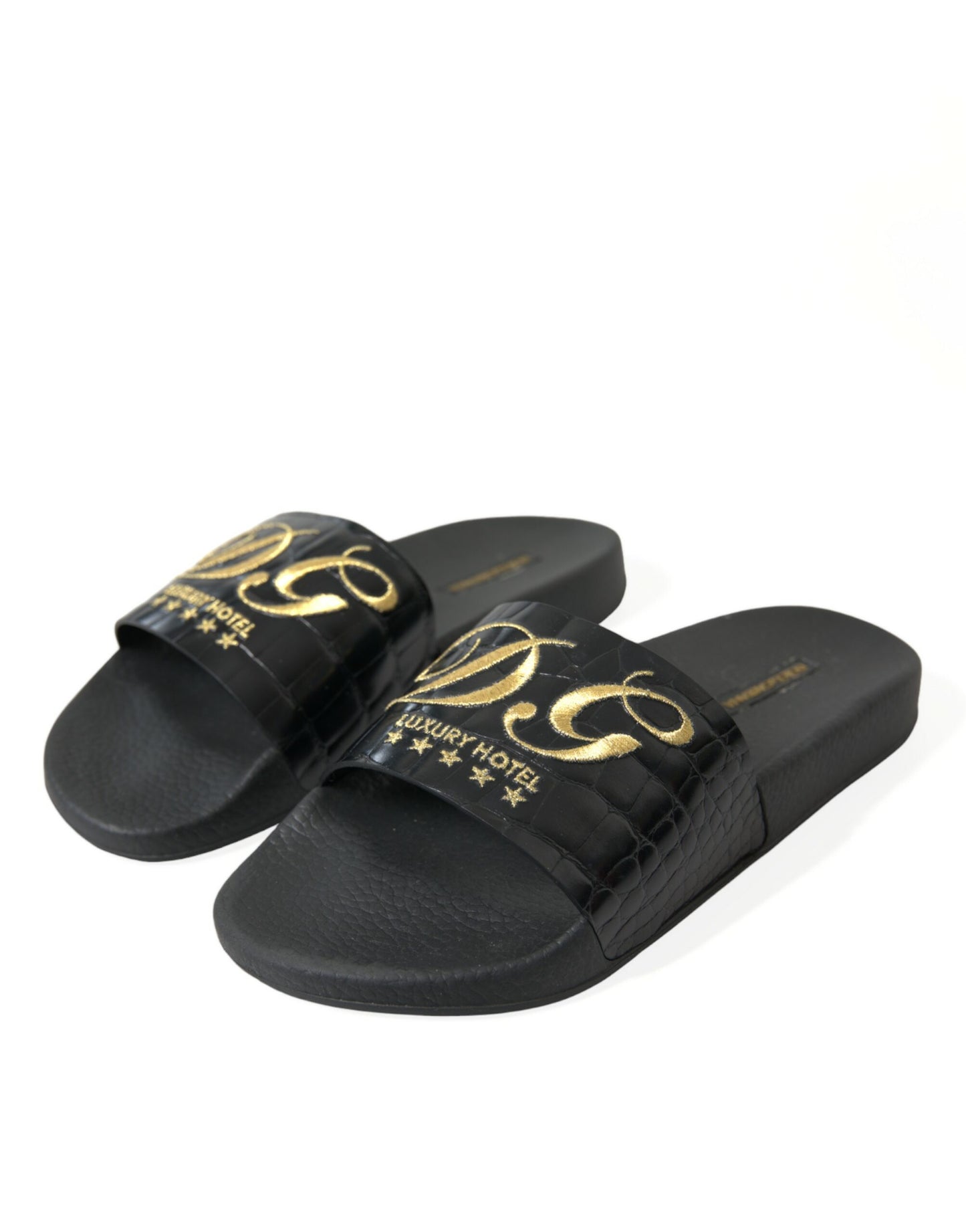 Dolce &amp; Gabbana Elegant Leather Slides in Black and Gold