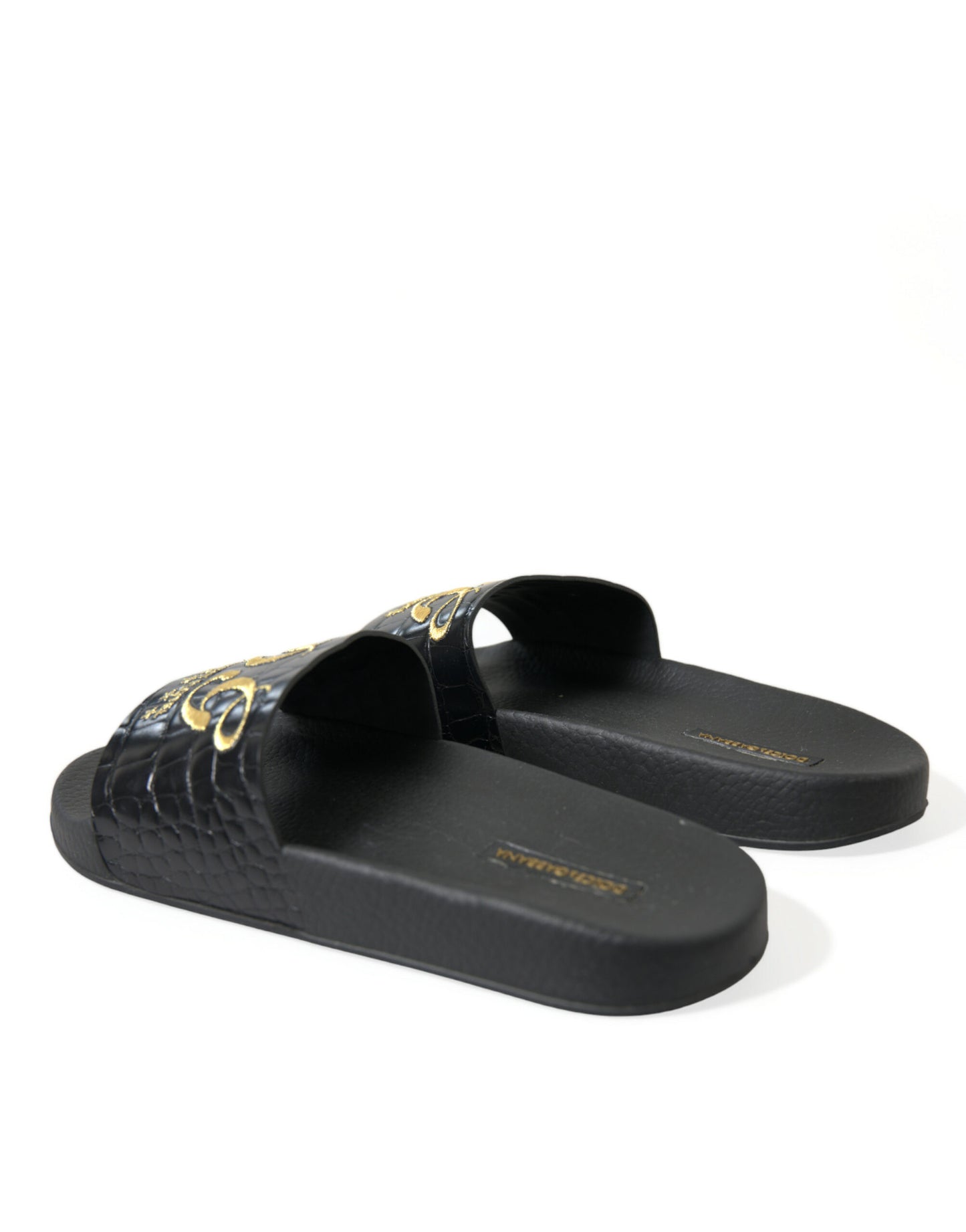 Dolce &amp; Gabbana Elegant Leather Slides in Black and Gold