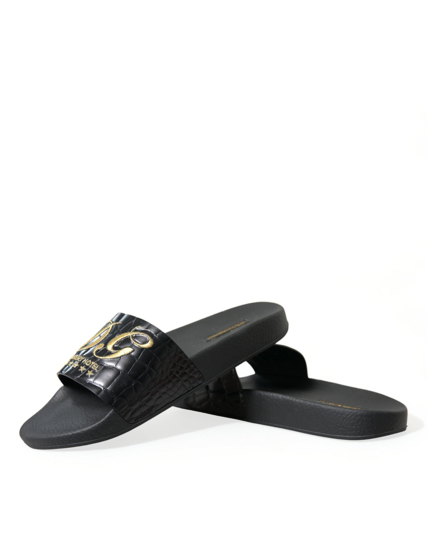 Dolce &amp; Gabbana Elegant Leather Slides in Black and Gold