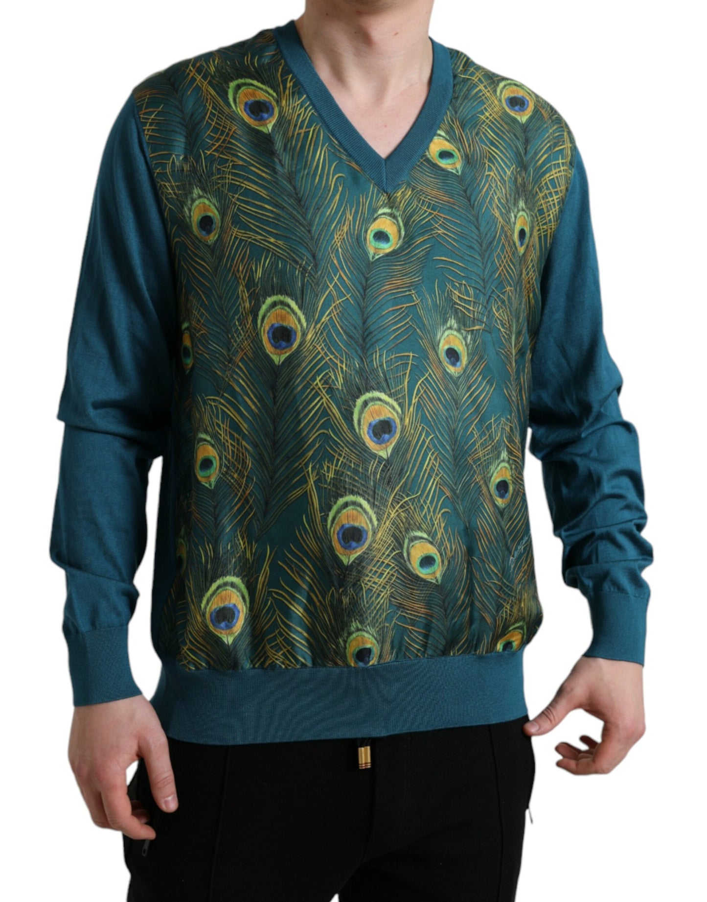 Dolce &amp; Gabbana V-neck silk sweater with peacock feathers