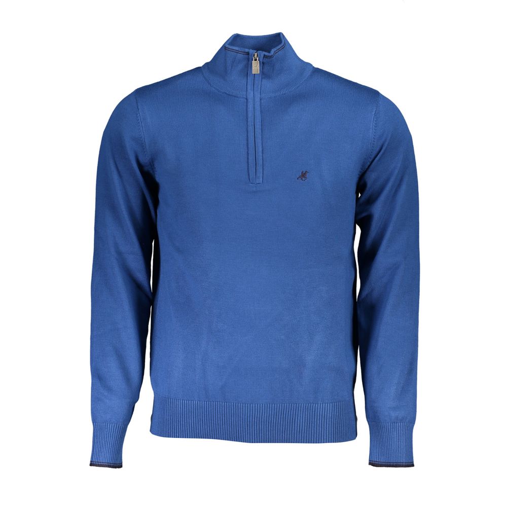 U.S. Grand Polo Eleganter blauer Pullover mit halbem Reißverschluss und Stickereidetails