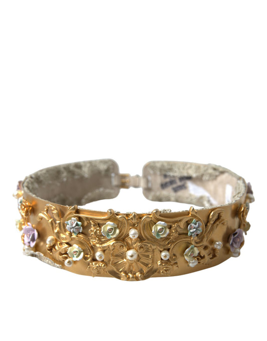 Dolce &amp; Gabbana Elegant gold-coloured faux pearl belt with floral pattern