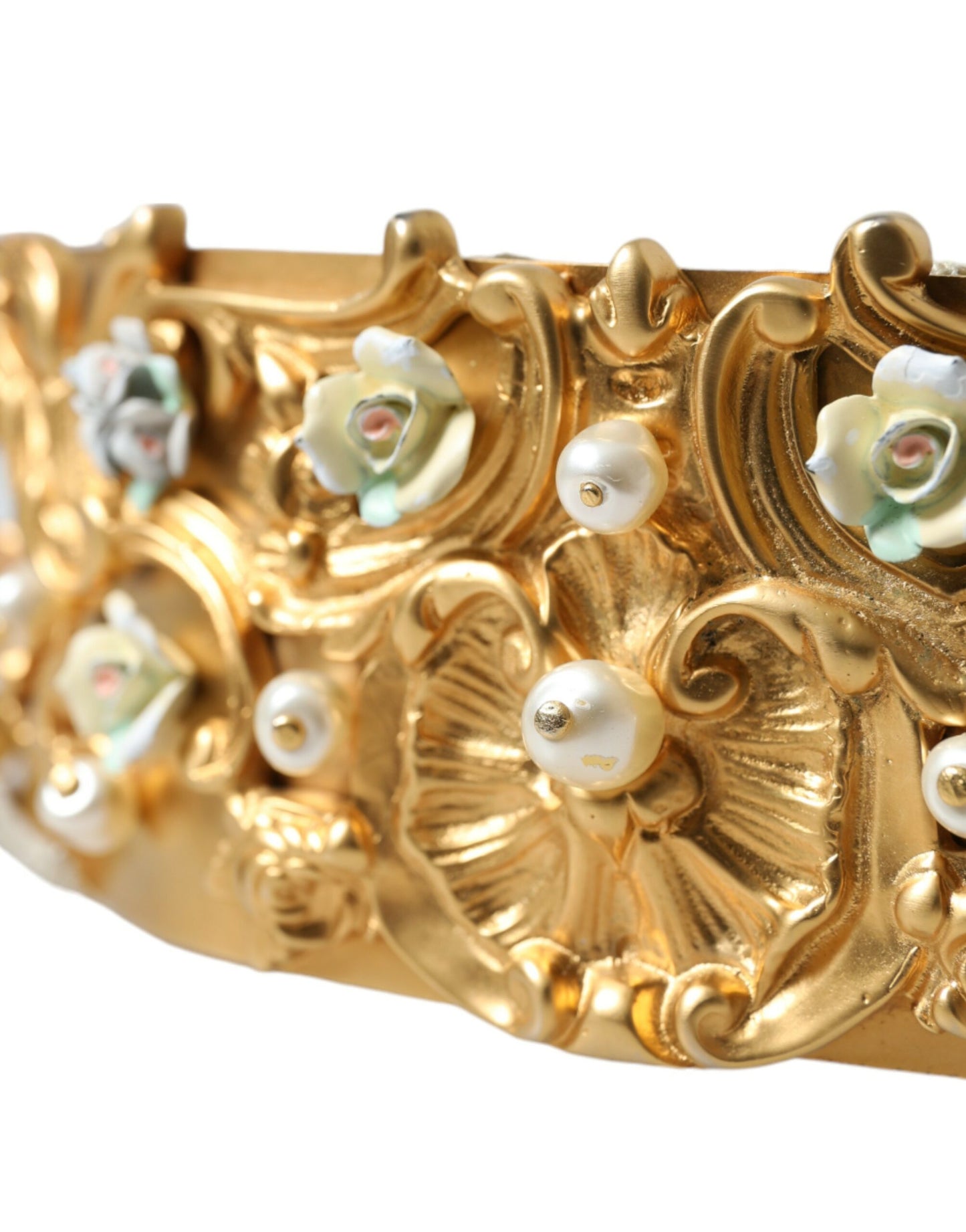 Dolce &amp; Gabbana Elegant gold-coloured faux pearl belt with floral pattern