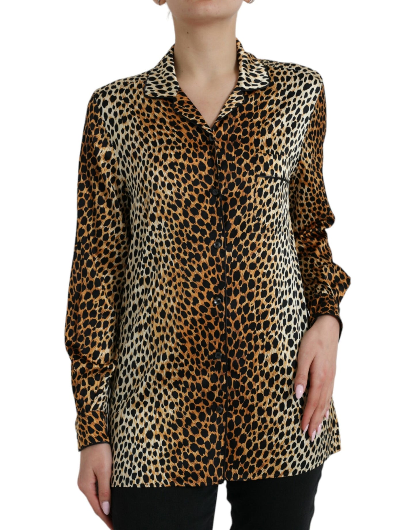 Dolce &amp; Gabbana Elegant brown silk blouse with animal print