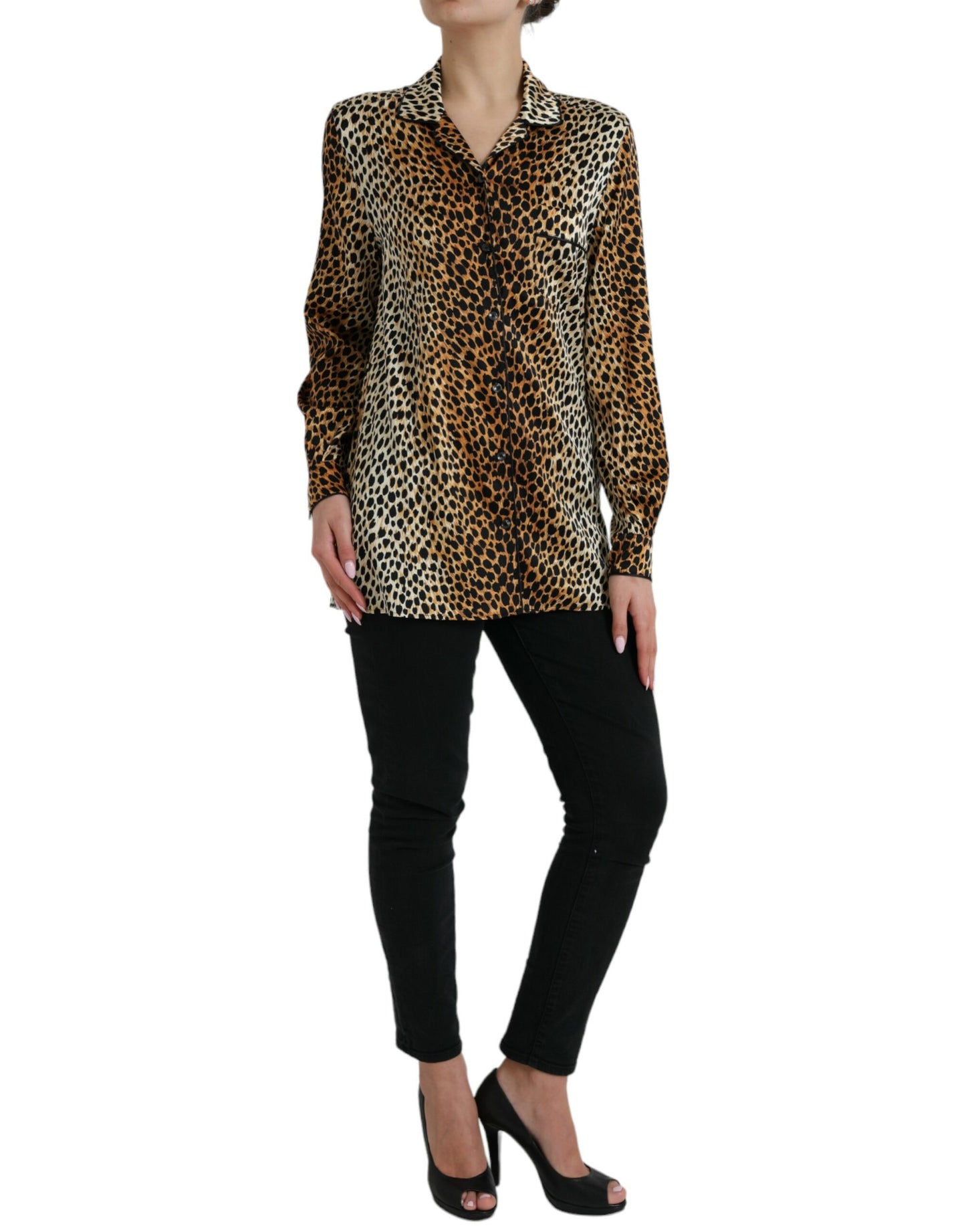 Dolce &amp; Gabbana Elegant brown silk blouse with animal print