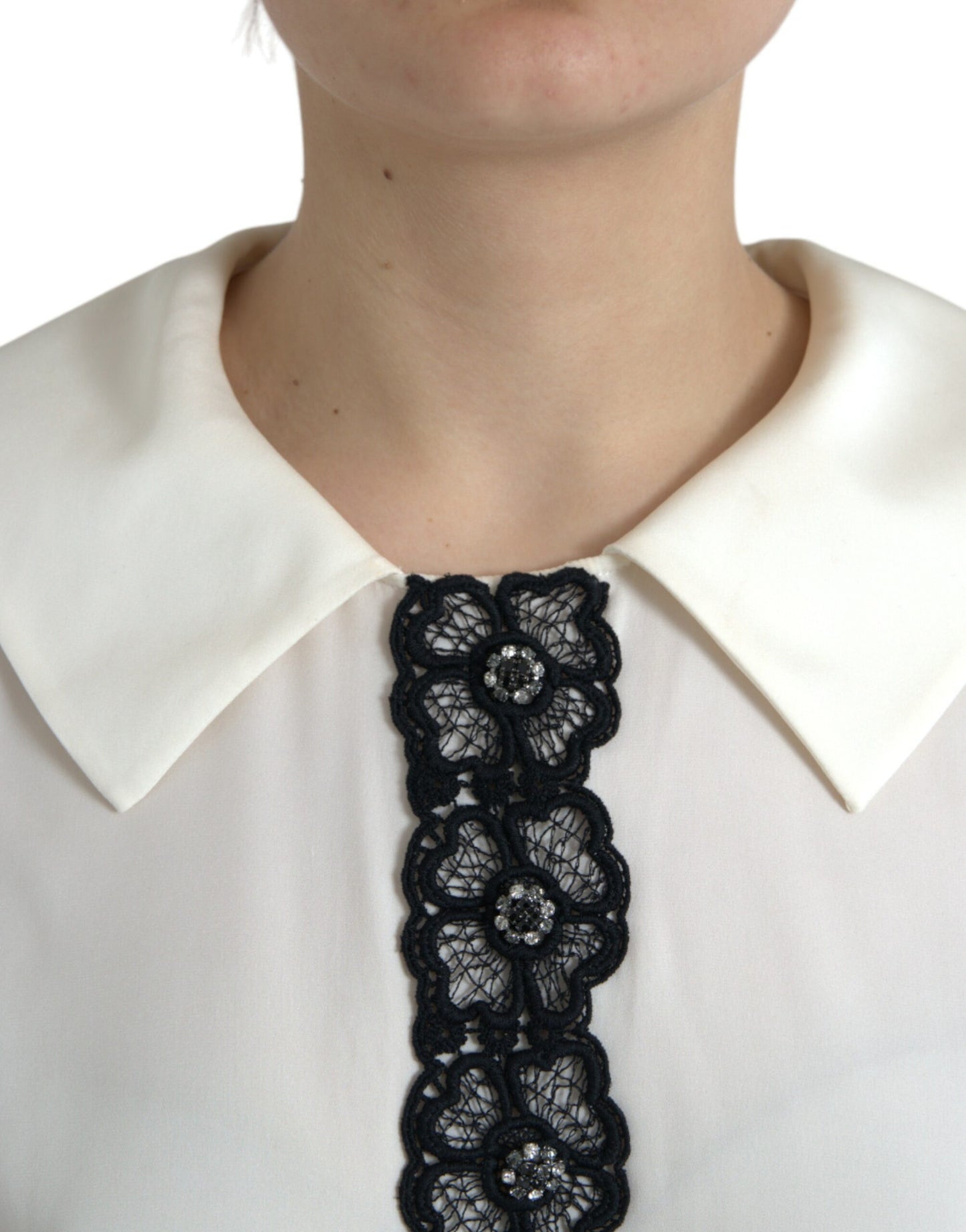 Dolce &amp; Gabbana Elegant off-white silk blouse with lace trim