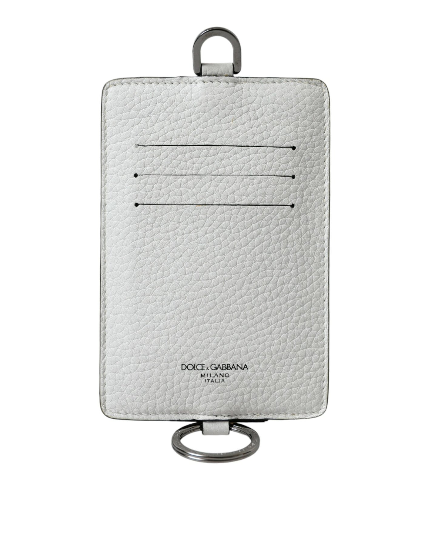 Dolce &amp; Gabbana White Calfskin Lanyard Logo Card Holder Wallet