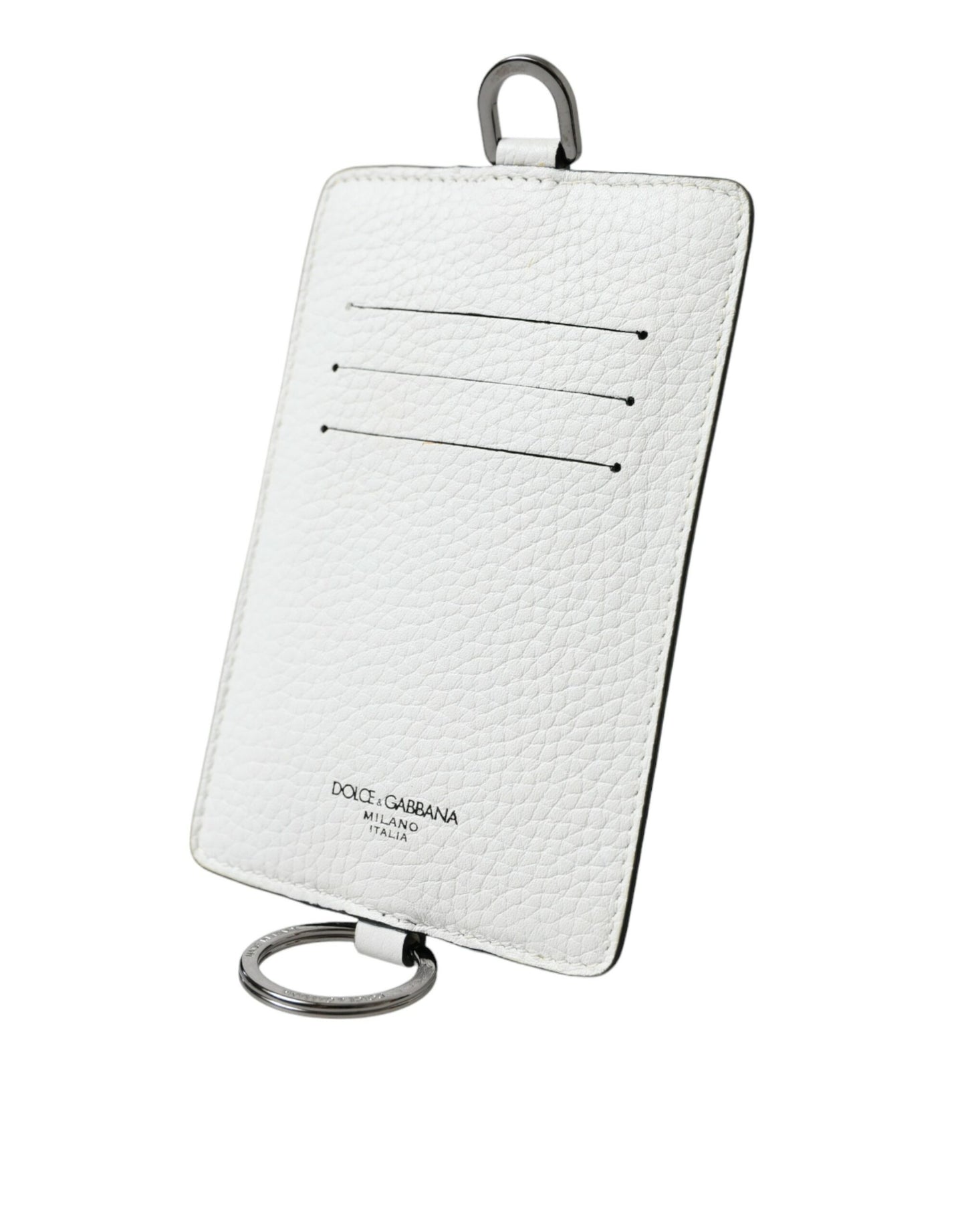 Dolce &amp; Gabbana White Calfskin Lanyard Logo Card Holder Wallet