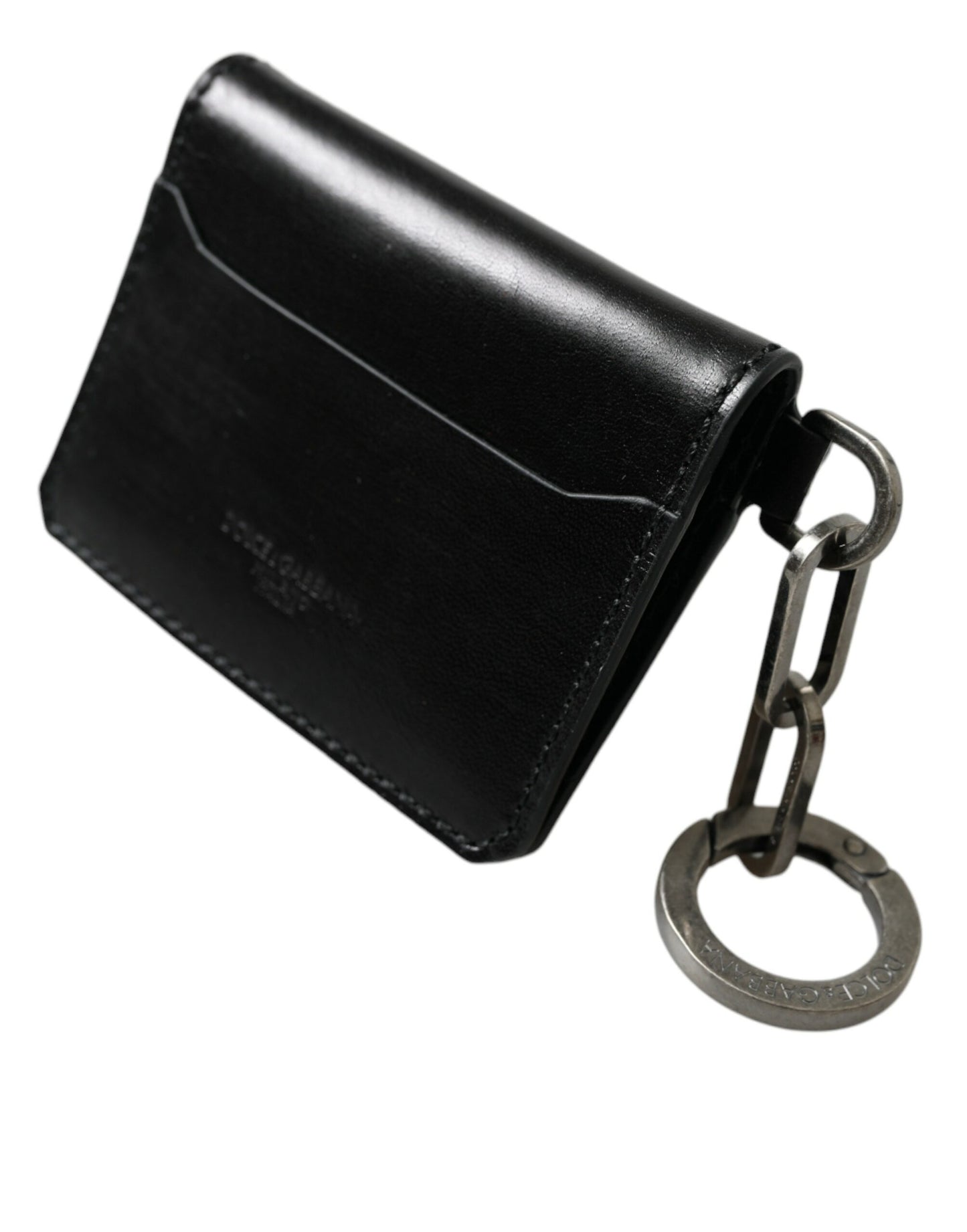 Dolce &amp; Gabbana Black Leather Bifold Logo Card Holder Key Chain Wallet